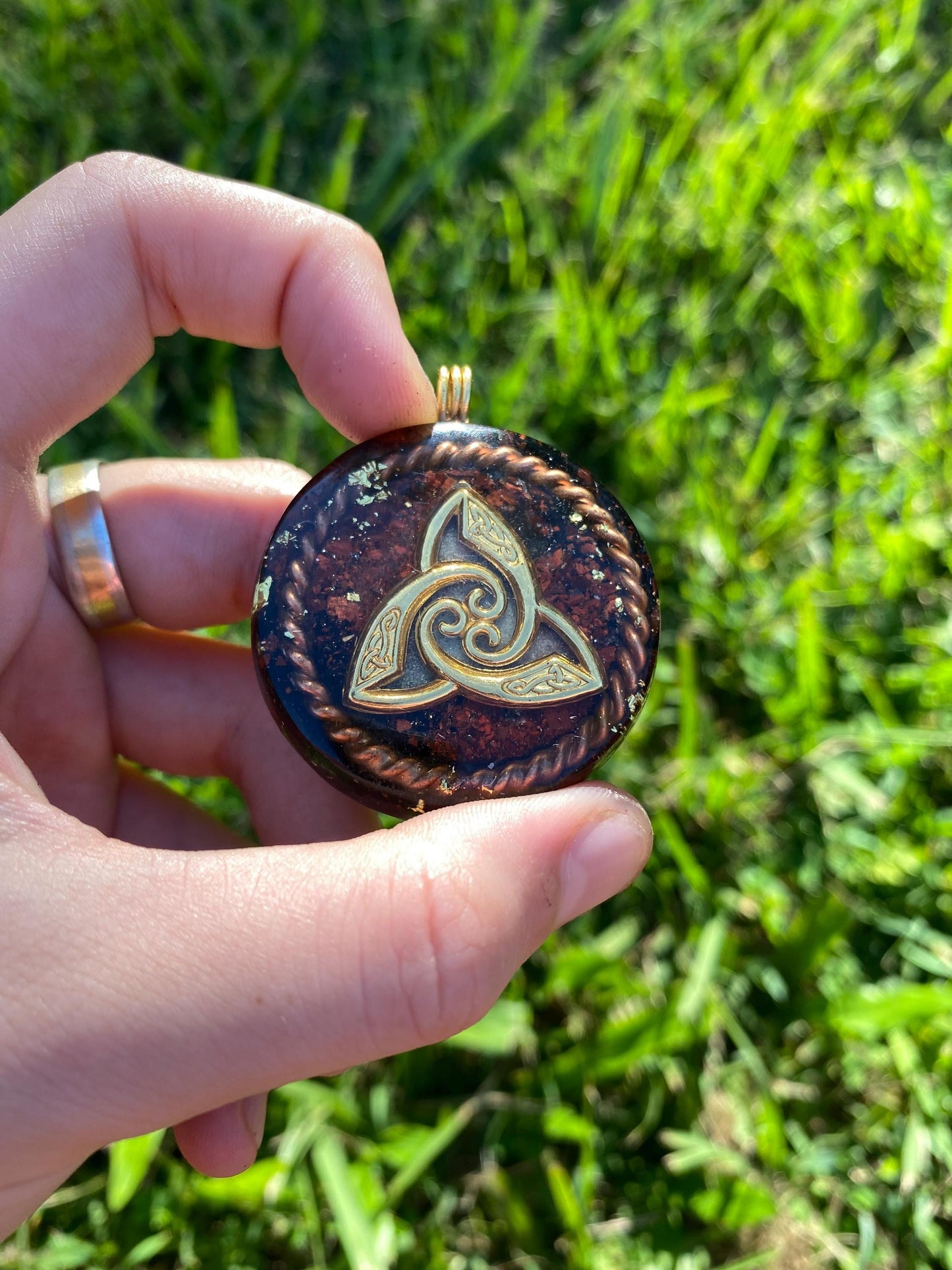 Triquetra. Orgone. Pendant Necklace. Made w Elite Shungite, Red Tigers Eye, 24ct Gold Powerful. EMF Protection. 5G Protection. TENSOR RING