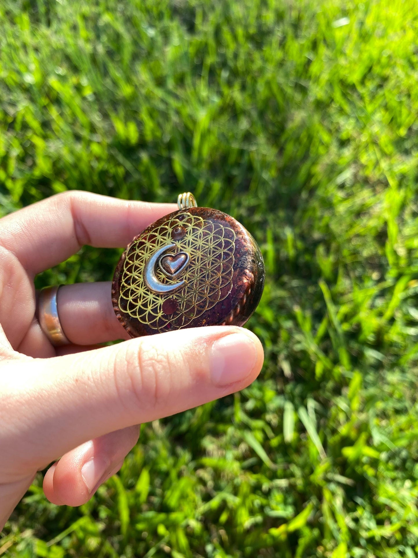 Moon/Heart Orgone Pendant Necklace. Made w Elite Shungite, Red Tigers Eye Powerful. EMF Protection. 5G Protection. TENSOR RING