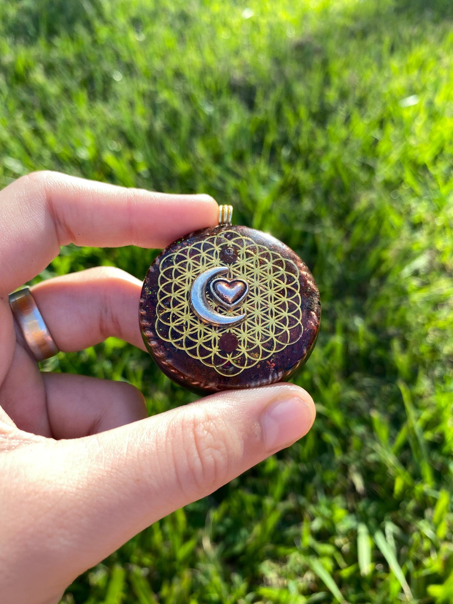 Moon/Heart Orgone Pendant Necklace. Made w Elite Shungite, Red Tigers Eye Powerful. EMF Protection. 5G Protection. TENSOR RING