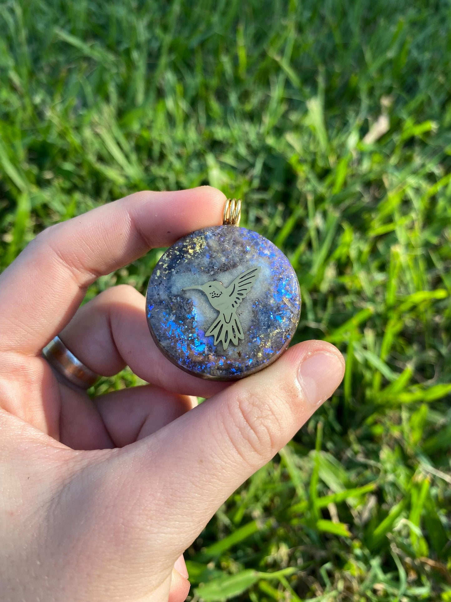 Hummingbird Orgonite Pendant: Elite Shungite, Gold & Kyanite, EMF Protection