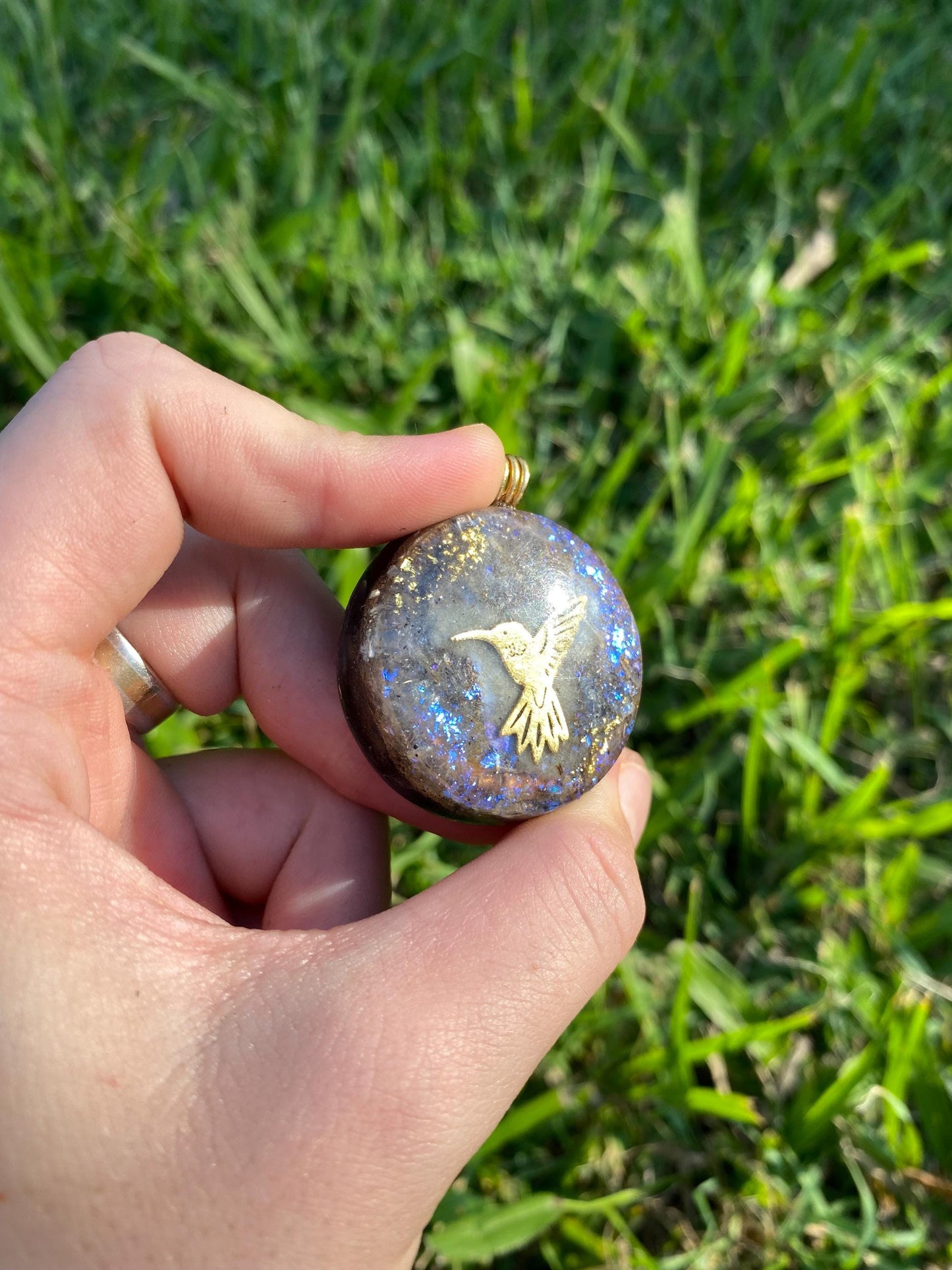 Hummingbird Orgonite Pendant: Elite Shungite, Gold & Kyanite, EMF Protection