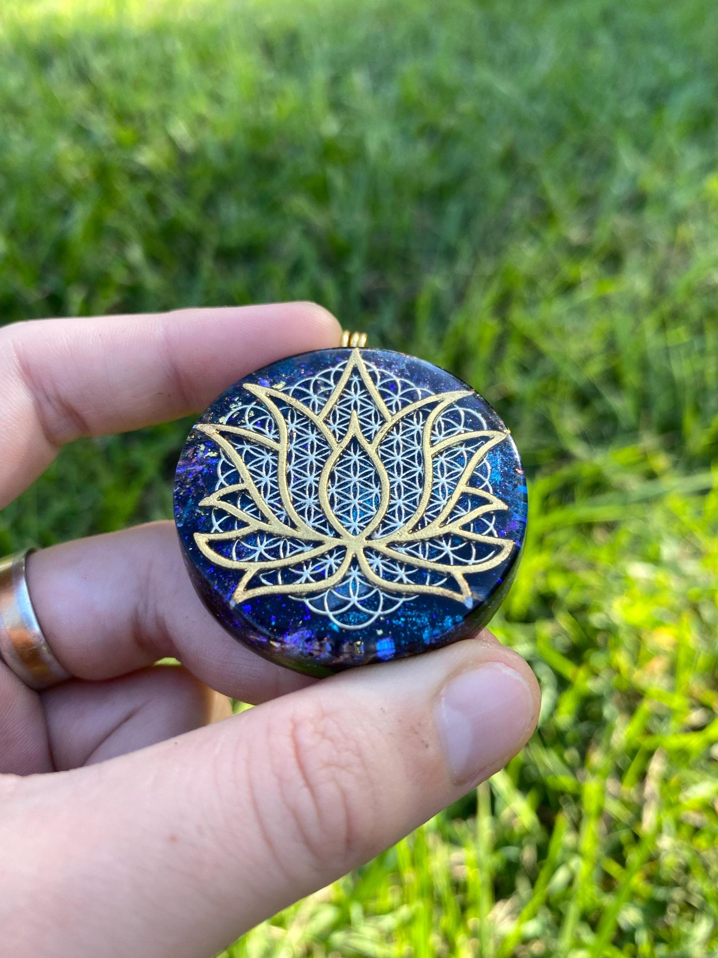 Lotus layered over Flower of Life. Orgone Pendant Necklace. Made w Elite Shungite, Purpurite & Tensor Ring. Powerful. 5G Protection.