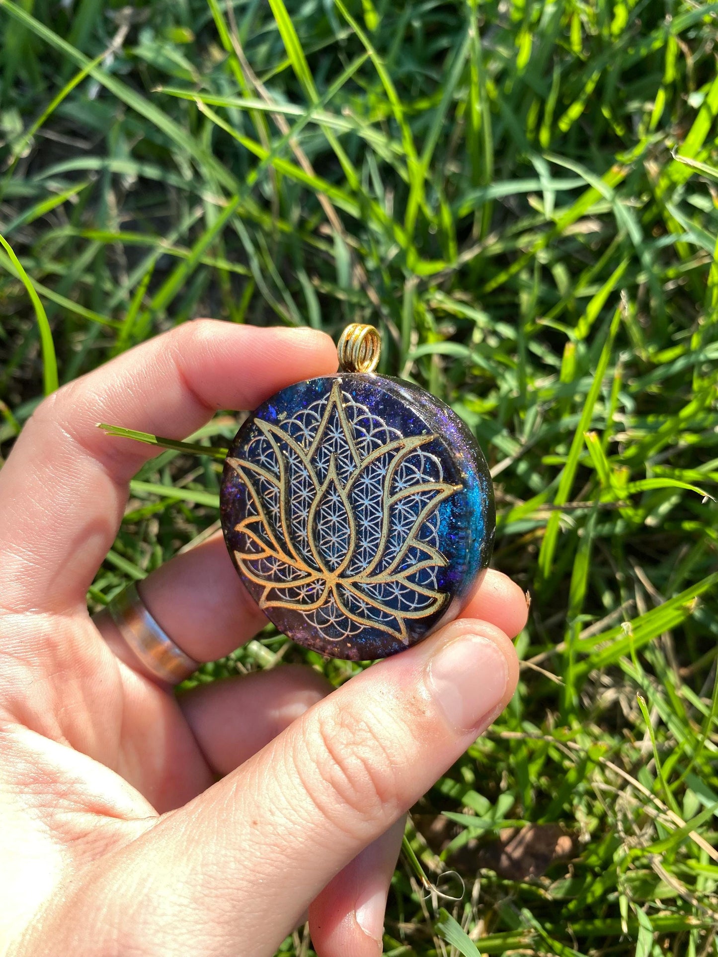 Lotus layered over Flower of Life. Orgone Pendant Necklace. Made w Elite Shungite, Purpurite & Tensor Ring. Powerful. 5G Protection.