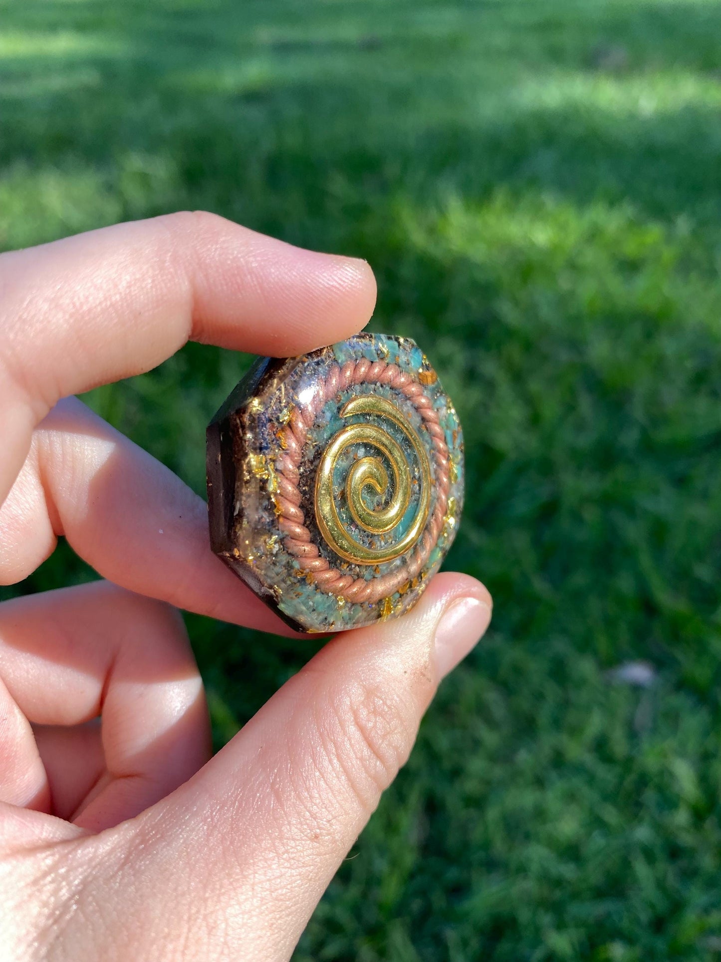 Spiral. Orgone Pendant Necklace. Made w Chrysoprase, 24ct Gold & Elite Shungite. Tensor Ring. Powerful. EMF Protection.
