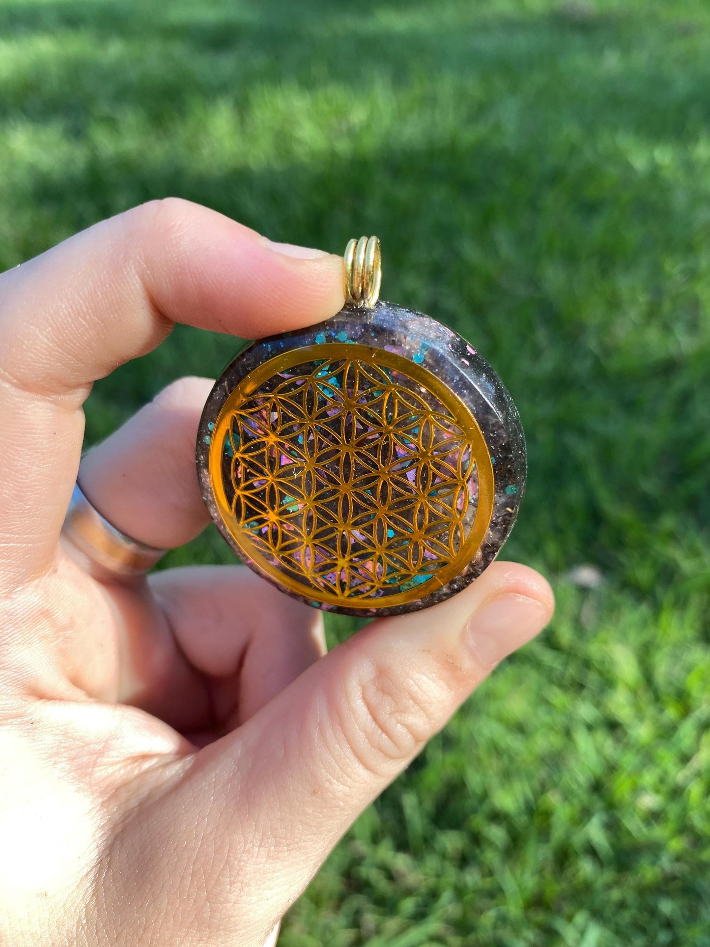Flower of Life. Pendant Necklace. Made w rose quartz, Elite Shungite, & Tensor Ring. Powerful. Emf Protection.