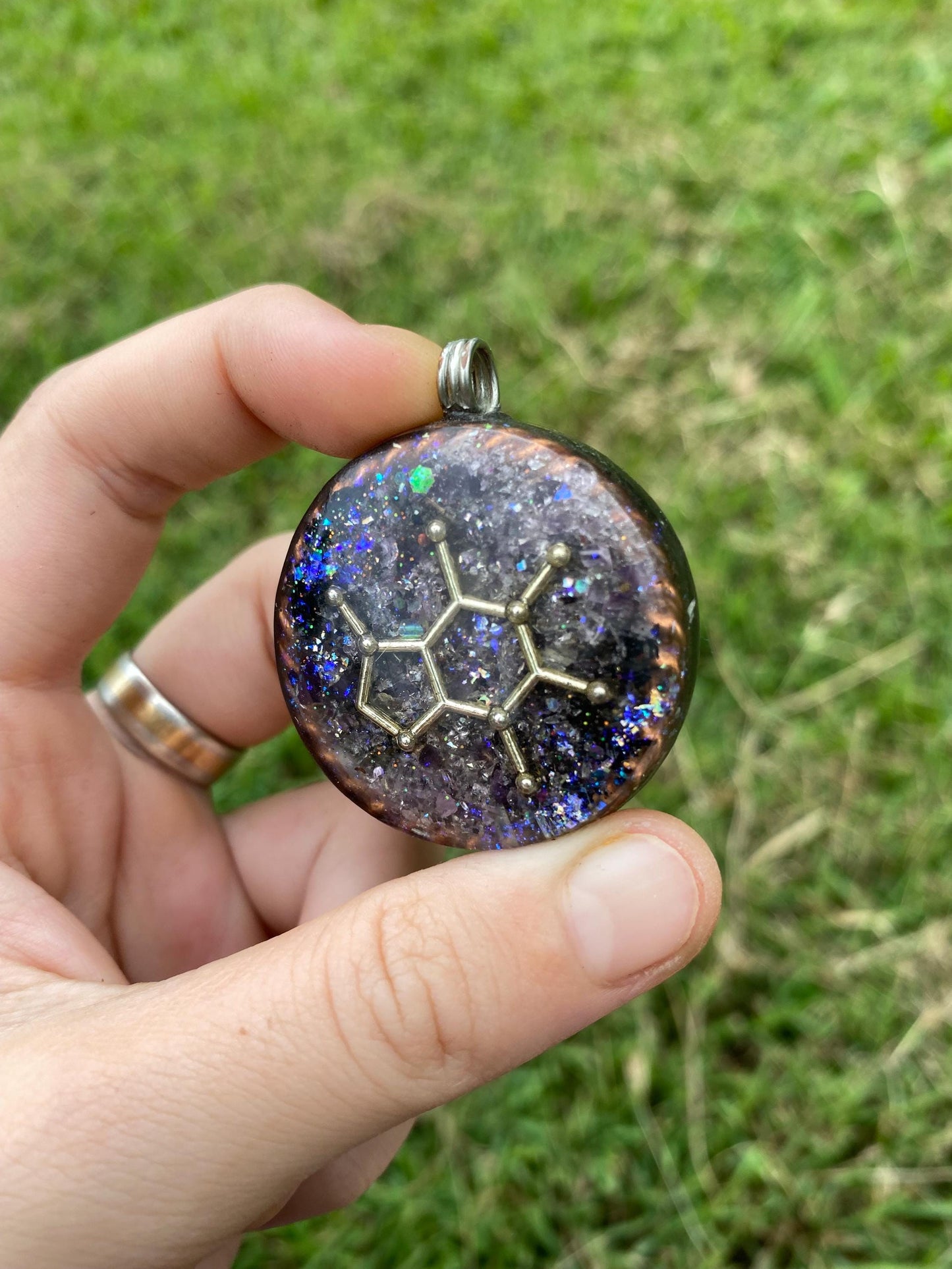 Caffeine Molecule Orgonite Pendant: Shungite, Amethyst, Tensor Ring EMF Protection