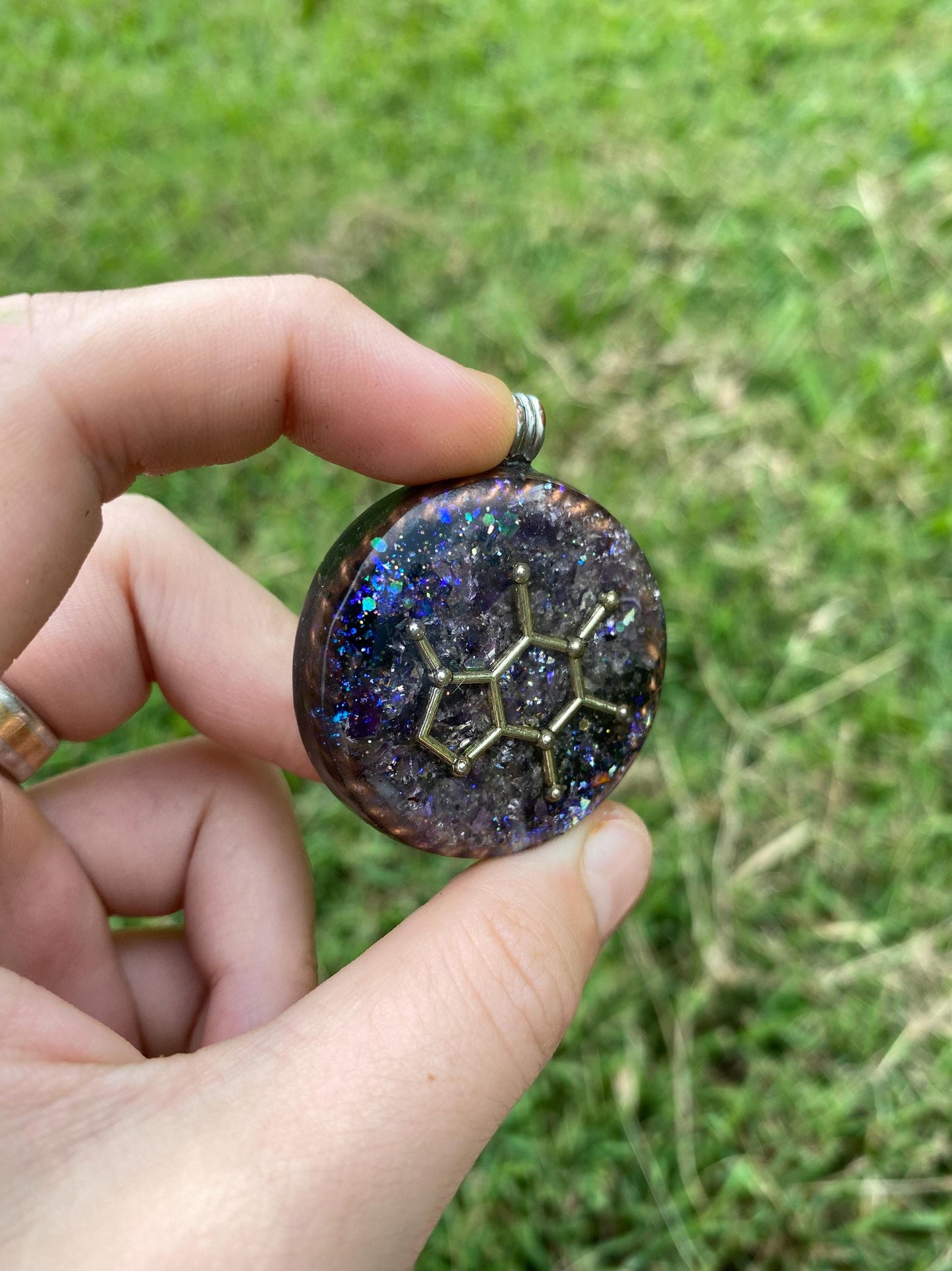 Caffeine Molecule Orgonite Pendant: Shungite, Amethyst, Tensor Ring EMF Protection