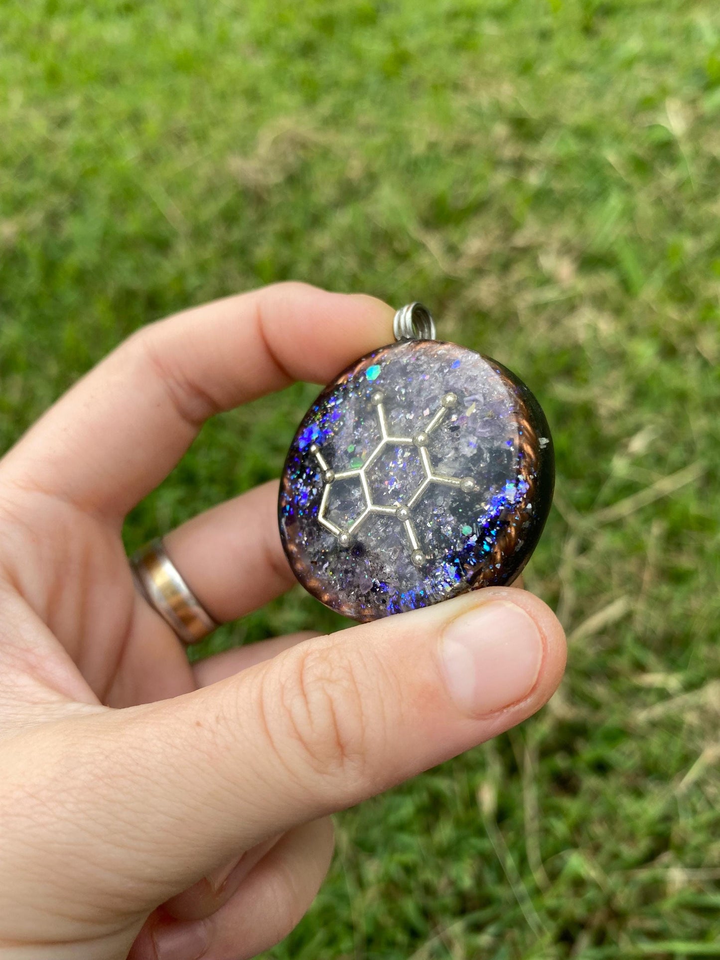 Caffeine Molecule Orgonite Pendant: Shungite, Amethyst, Tensor Ring EMF Protection