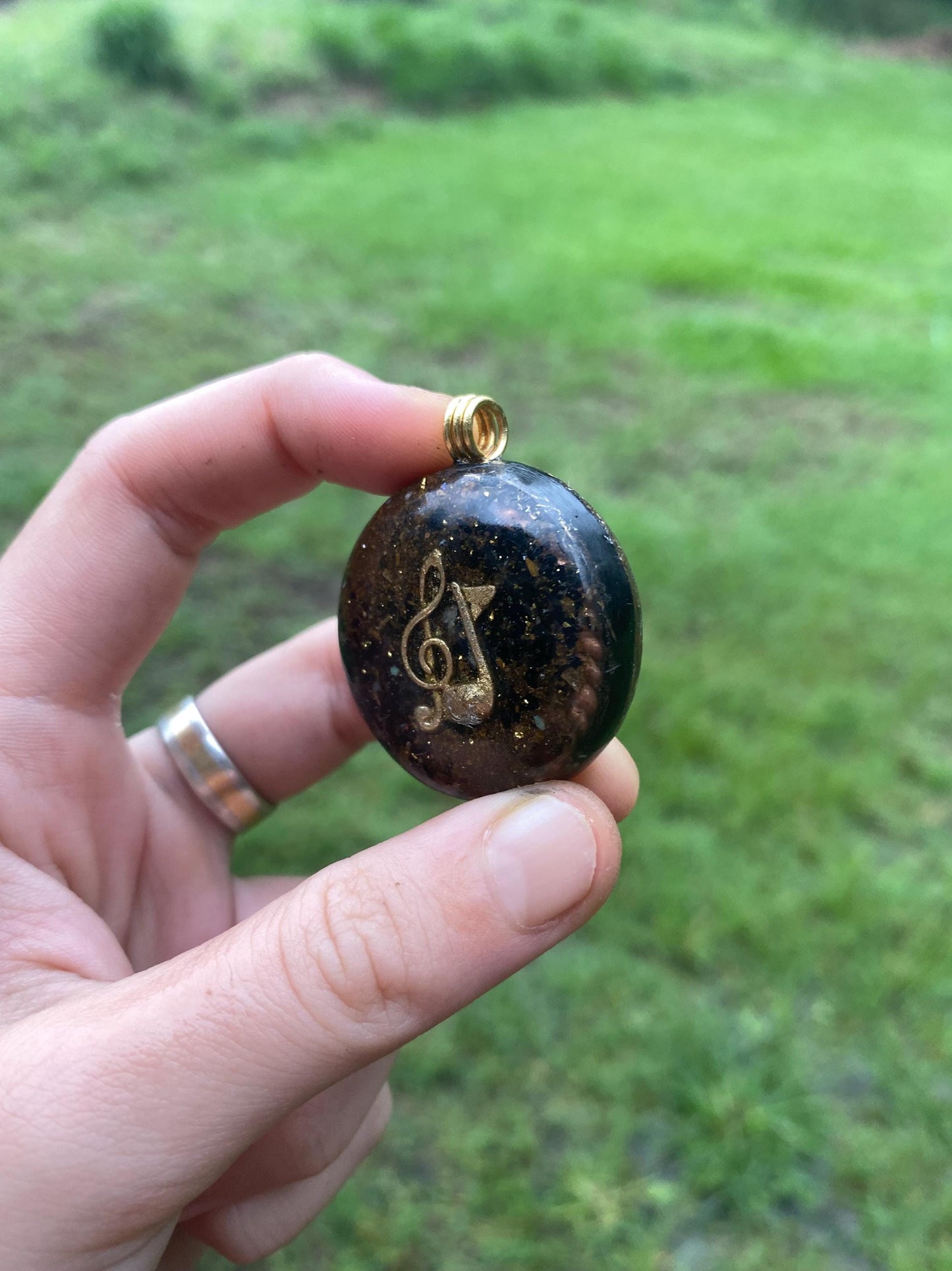 Treble Clef. Orgone Pendant Necklace. TENSOR RING. Elite Shungite. Bronzite. EMF, 5G Protection. 24ct gold