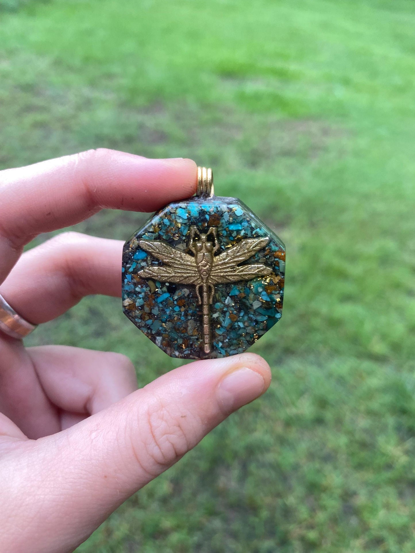 Dragonfly. Pendant Necklace. Made w Elite Shungite, 24ct Gold and Turquoise. Tensor Ring. Powerful. EMF Protection. 5G Protection.