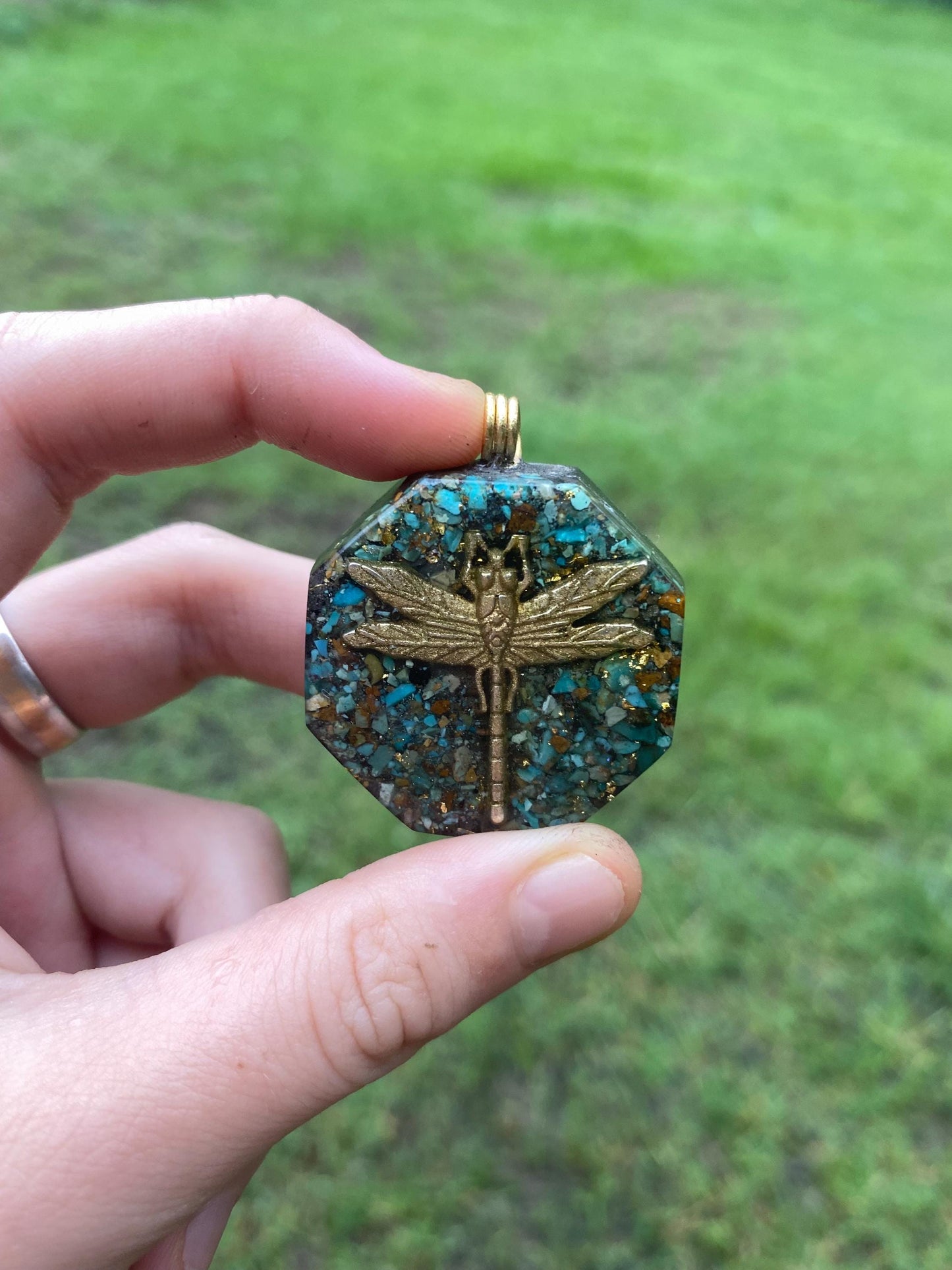 Dragonfly. Pendant Necklace. Made w Elite Shungite, 24ct Gold and Turquoise. Tensor Ring. Powerful. EMF Protection. 5G Protection.