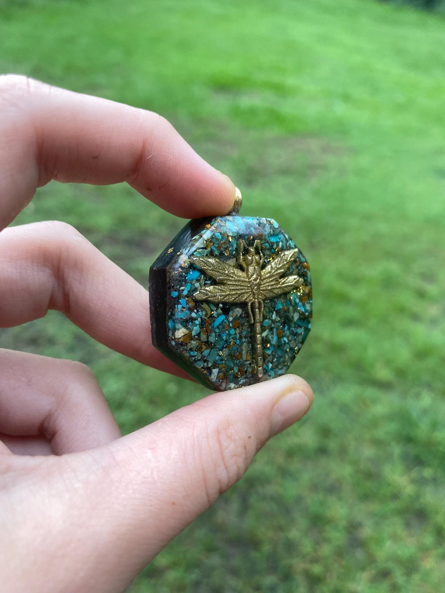 Dragonfly. Pendant Necklace. Made w Elite Shungite, 24ct Gold and Turquoise. Tensor Ring. Powerful. EMF Protection. 5G Protection.