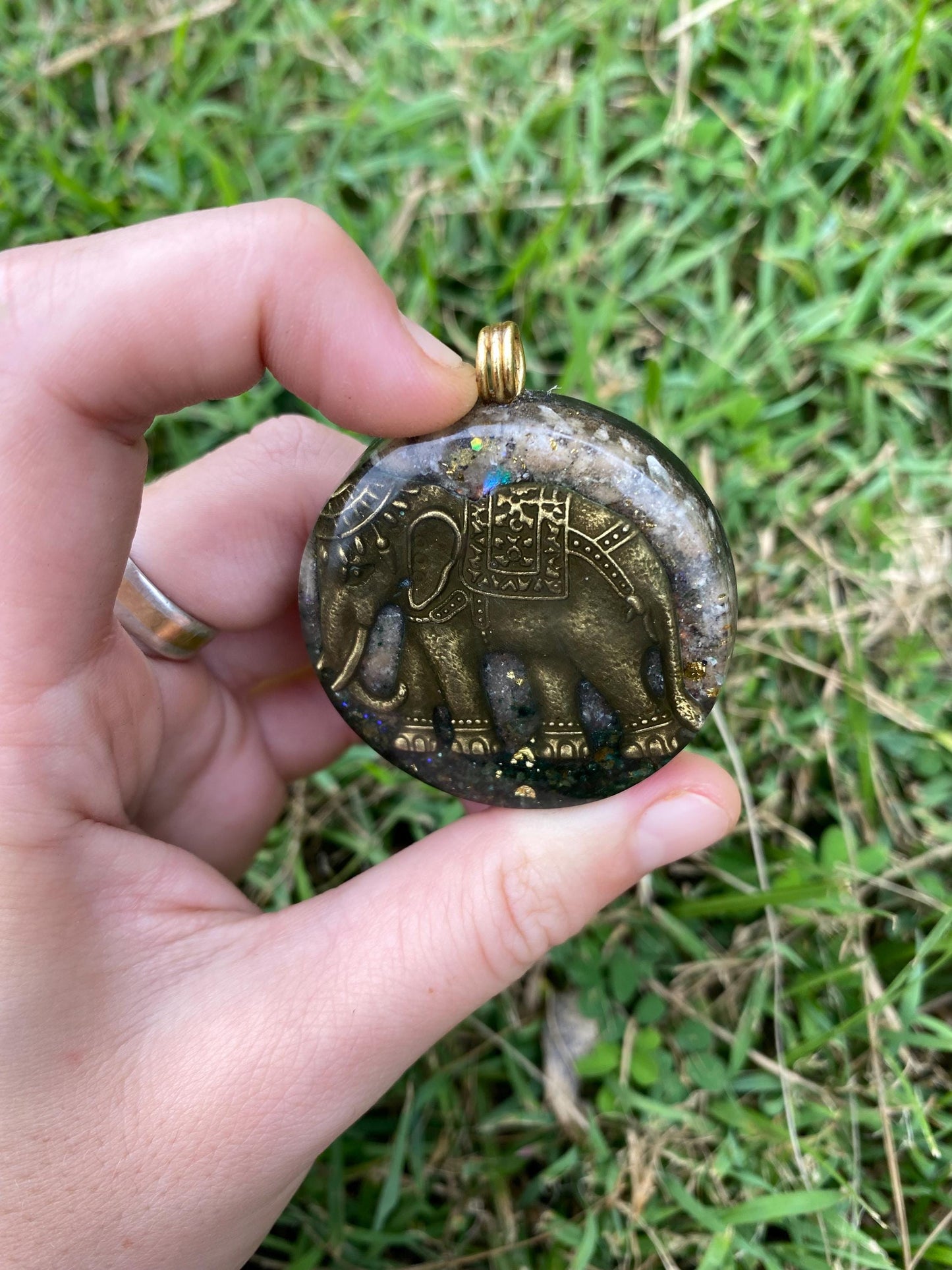 Elephant. Orgone Pendant Necklace. Made w Elite Shungite, Fuchsite, Desert Rose, 24ct Gold & Tensor Ring. Powerful. 5G Protection.