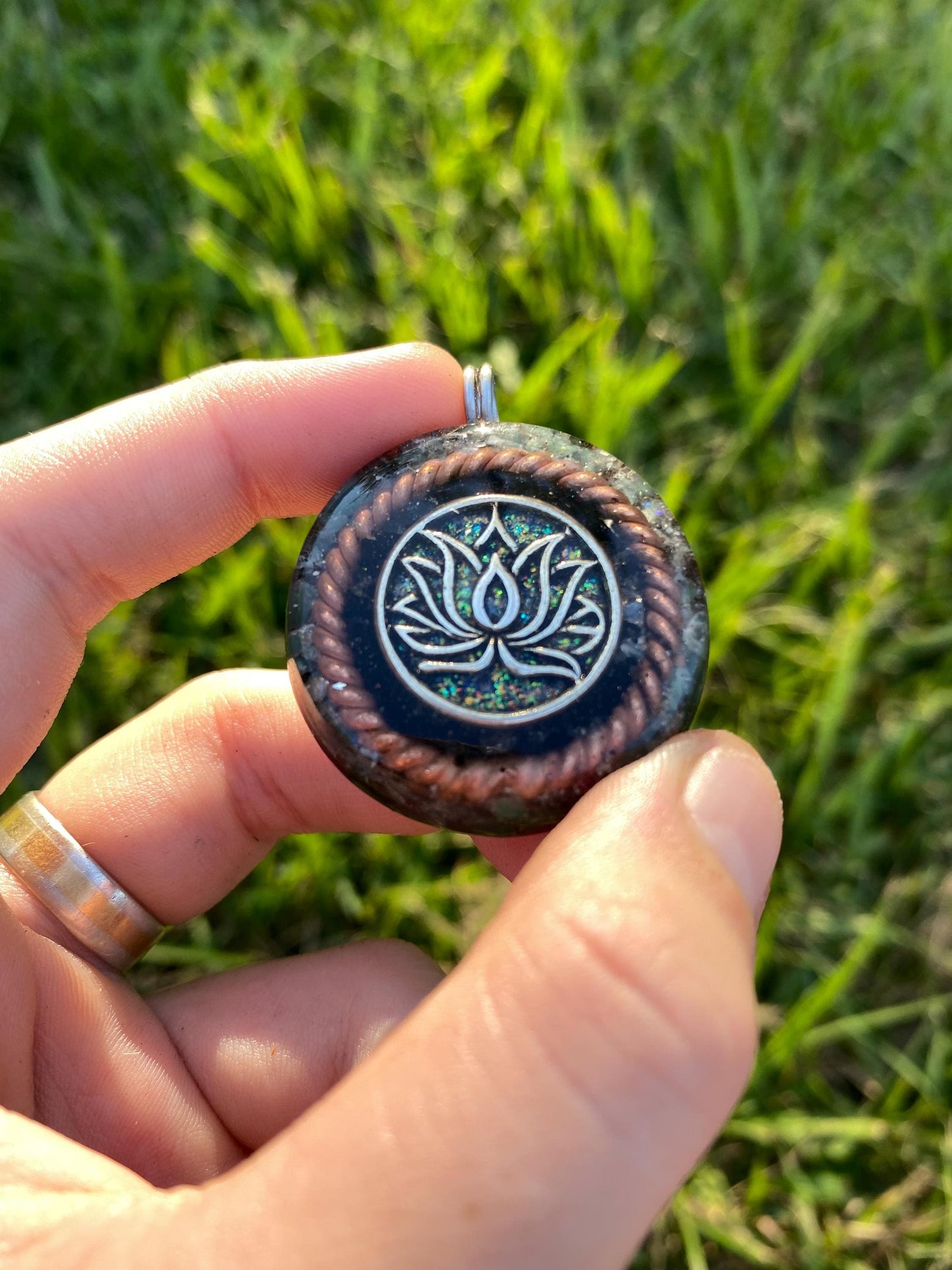 Lotus Orgone Pendant Necklace. Made w Elite Shungite, Green Fluorite. Powerful . EMF Protection. 5G Protection.