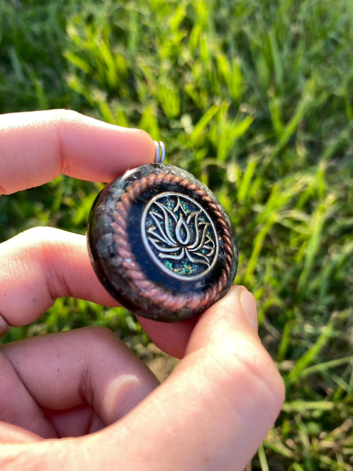 Lotus Orgone Pendant Necklace. Made w Elite Shungite, Green Fluorite. Powerful . EMF Protection. 5G Protection.