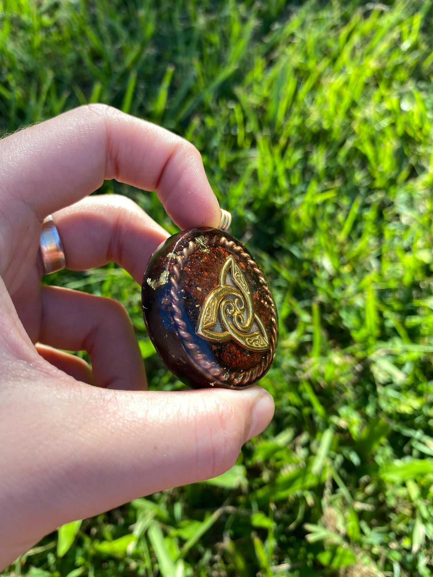 Triquetra. Orgone. Pendant Necklace. Made w Elite Shungite, Red Tigers Eye, 24ct Gold Powerful. EMF Protection. 5G Protection. TENSOR RING