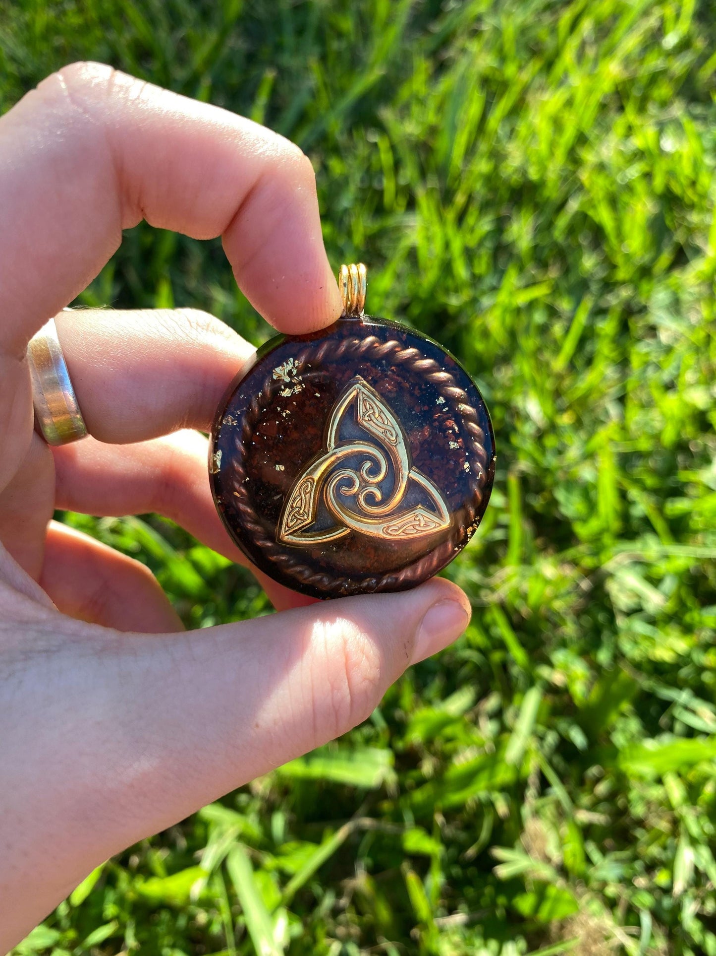 Triquetra. Orgone. Pendant Necklace. Made w Elite Shungite, Red Tigers Eye, 24ct Gold Powerful. EMF Protection. 5G Protection. TENSOR RING