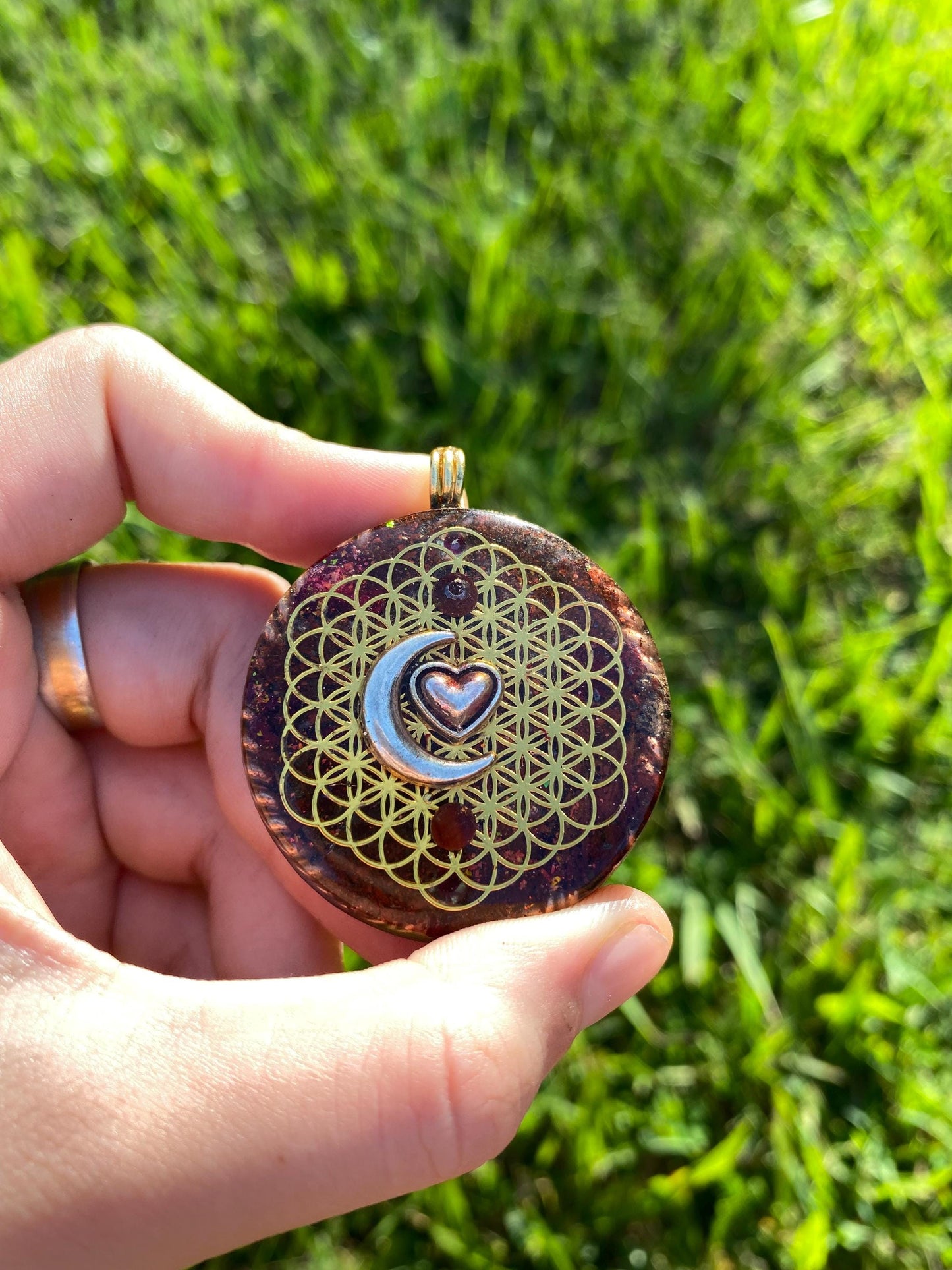 Moon/Heart Orgone Pendant Necklace. Made w Elite Shungite, Red Tigers Eye Powerful. EMF Protection. 5G Protection. TENSOR RING