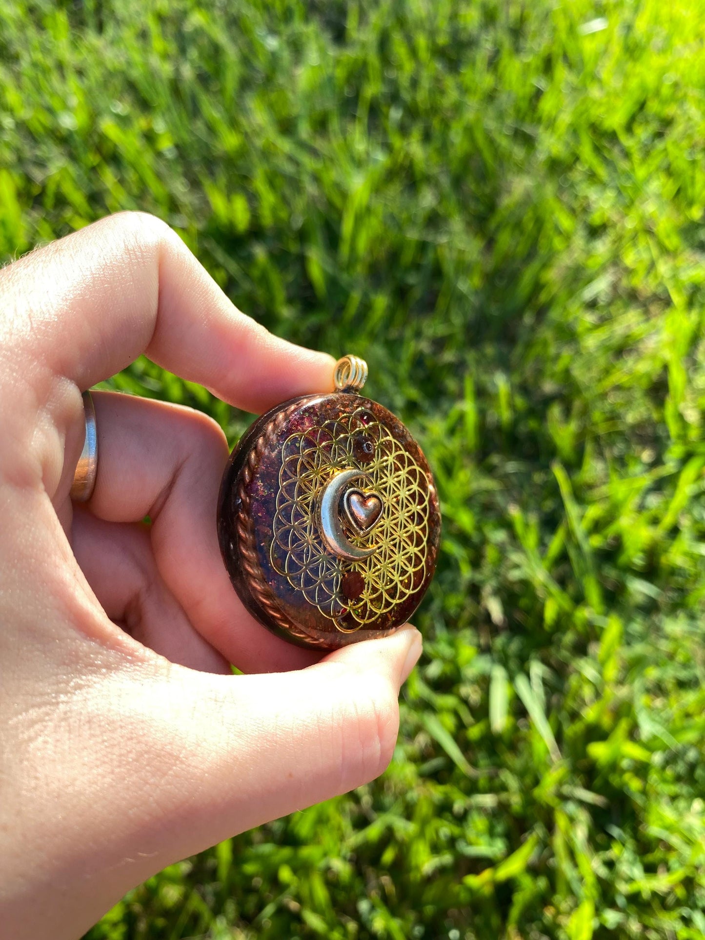 Moon/Heart Orgone Pendant Necklace. Made w Elite Shungite, Red Tigers Eye Powerful. EMF Protection. 5G Protection. TENSOR RING