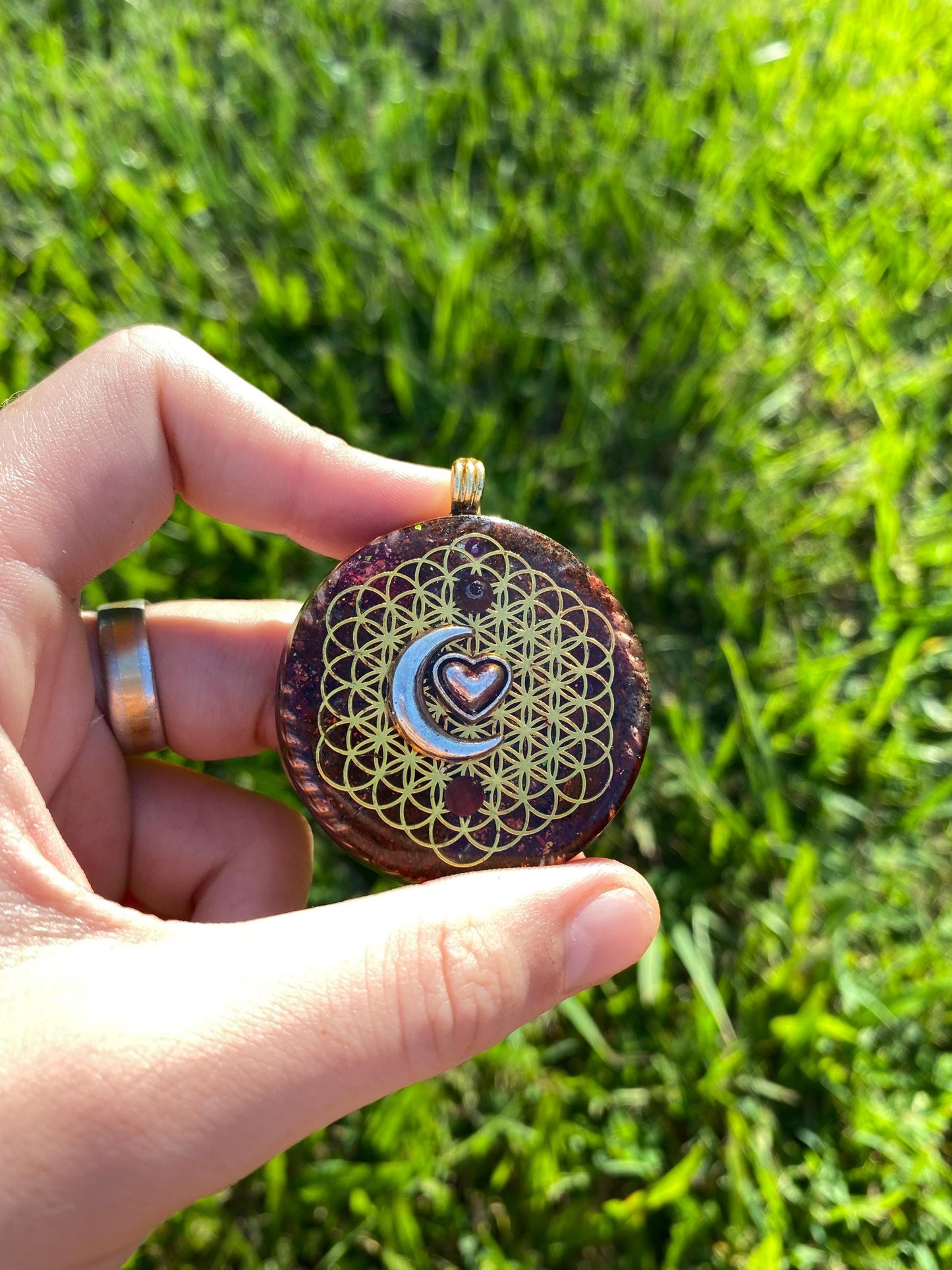 Moon/Heart Orgone Pendant Necklace. Made w Elite Shungite, Red Tigers Eye Powerful. EMF Protection. 5G Protection. TENSOR RING
