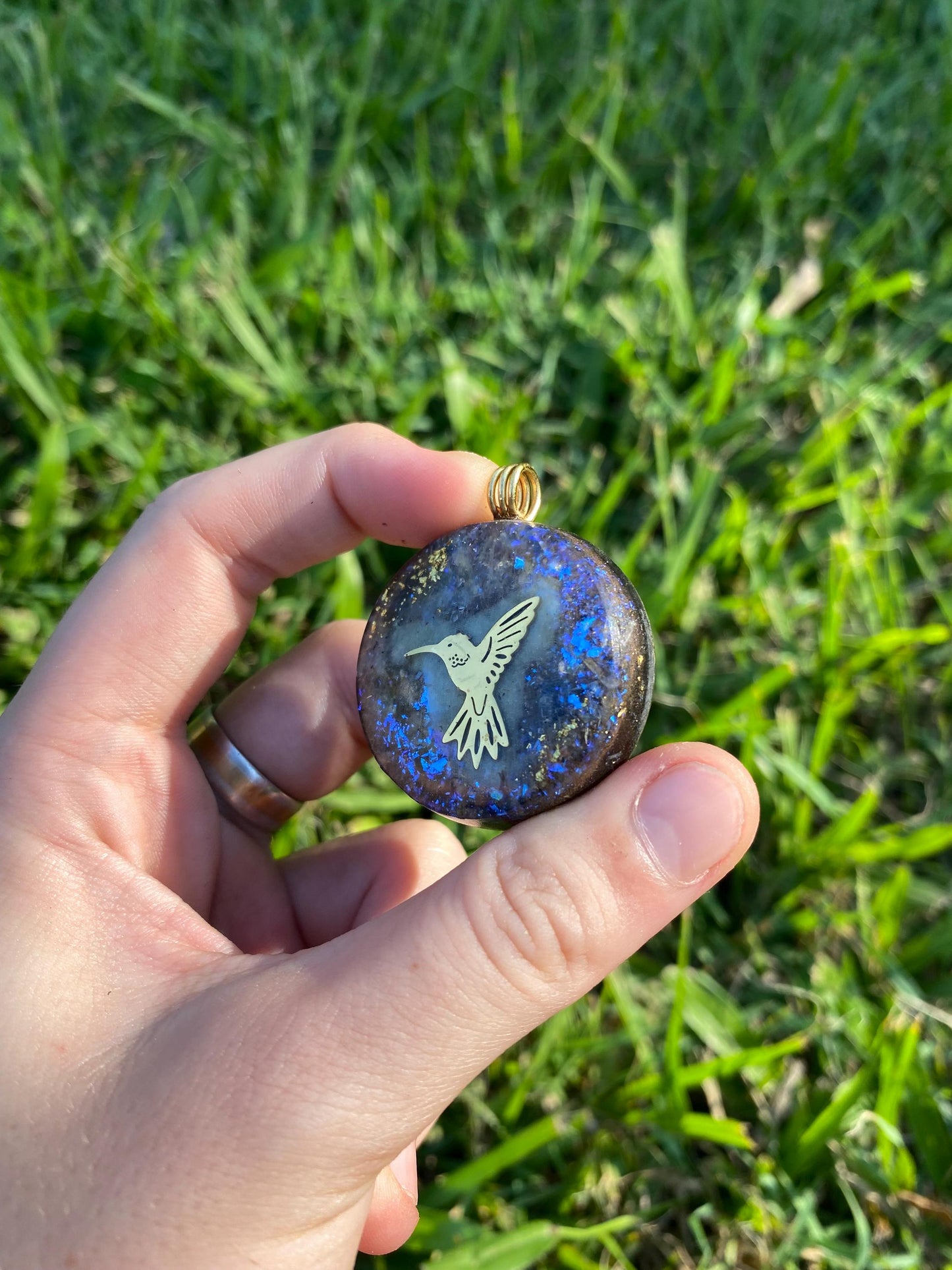 Hummingbird Orgonite Pendant: Elite Shungite, Gold & Kyanite, EMF Protection