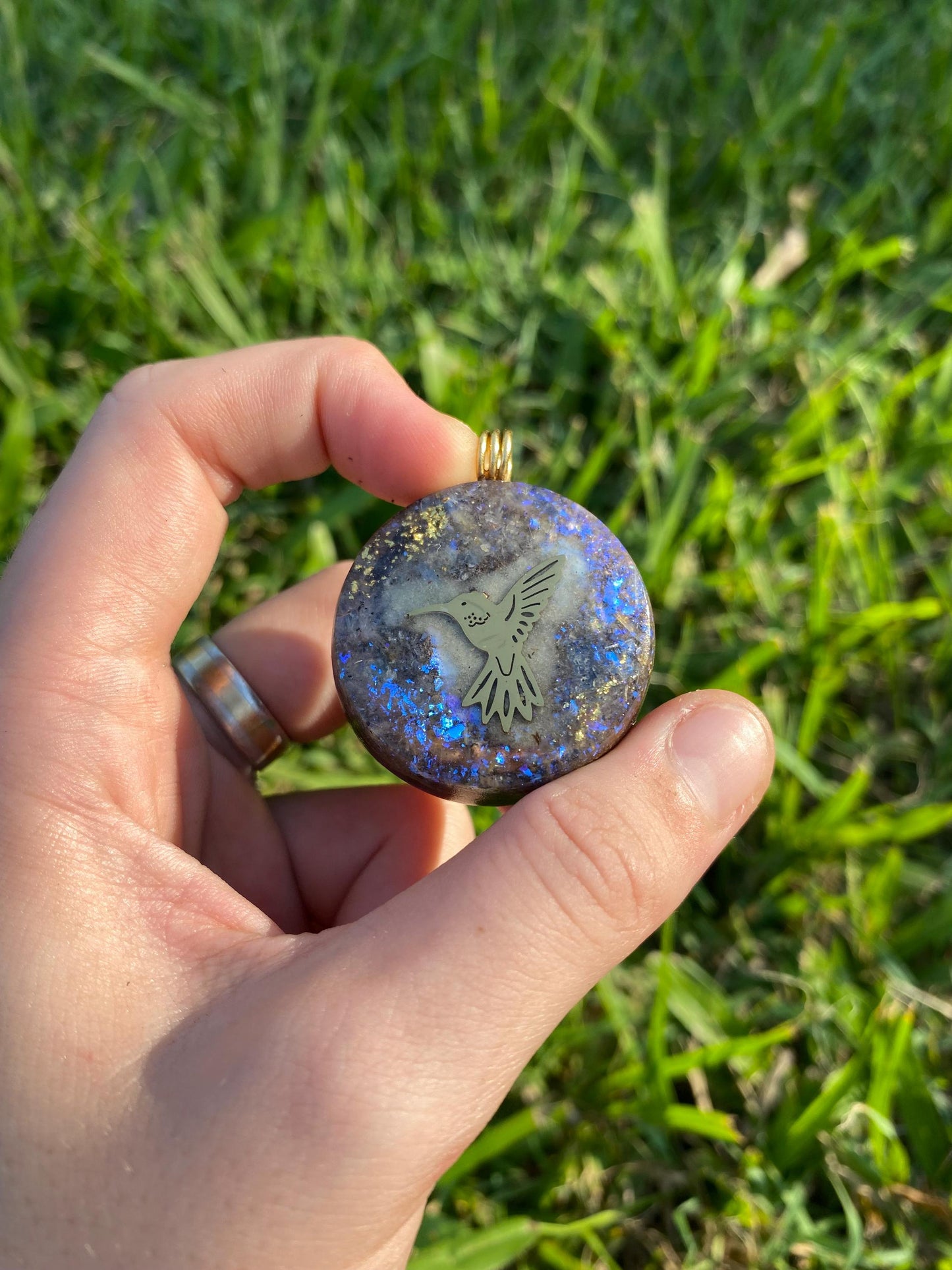 Hummingbird Orgonite Pendant: Elite Shungite, Gold & Kyanite, EMF Protection