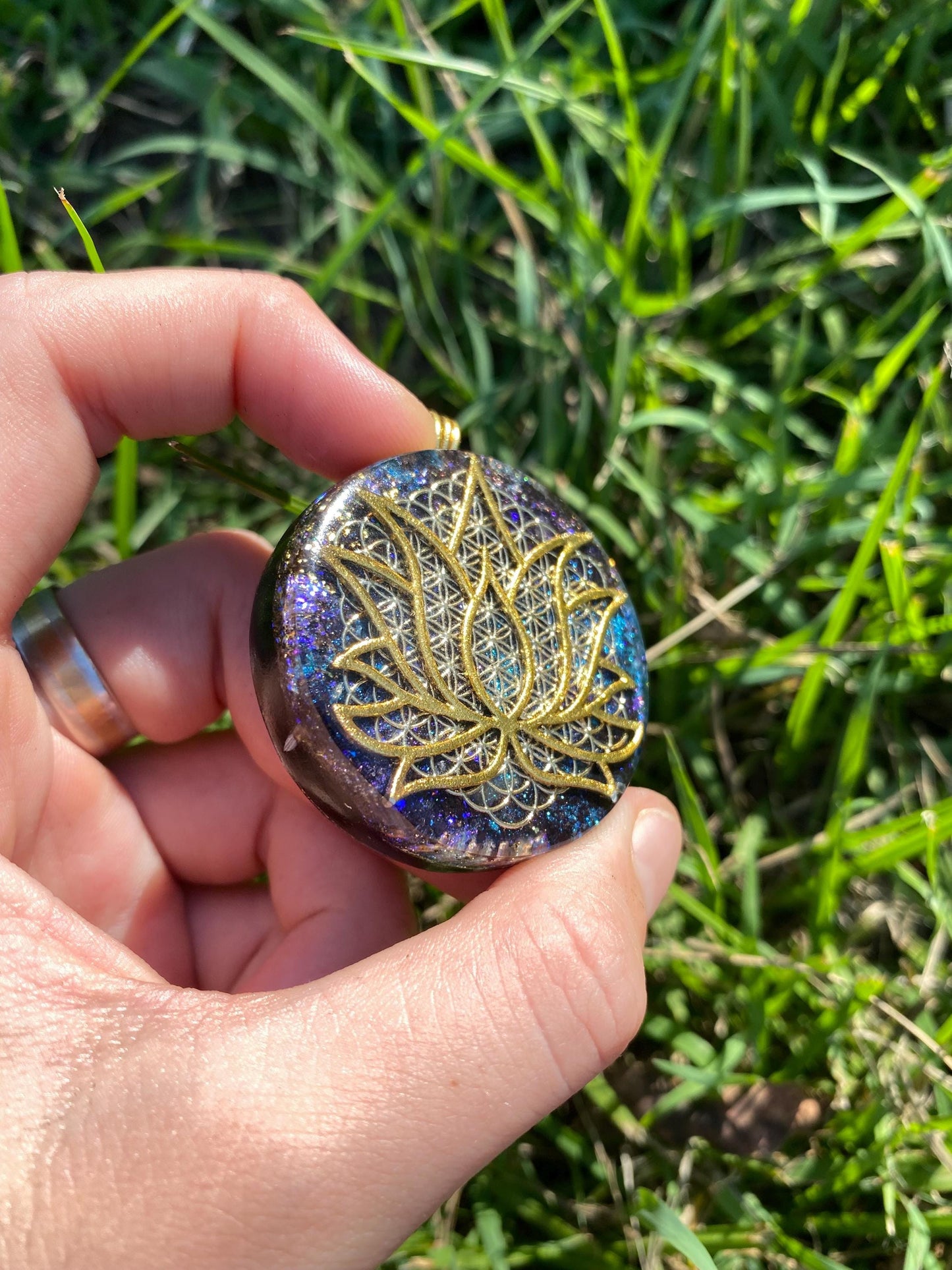Lotus layered over Flower of Life. Orgone Pendant Necklace. Made w Elite Shungite, Purpurite & Tensor Ring. Powerful. 5G Protection.