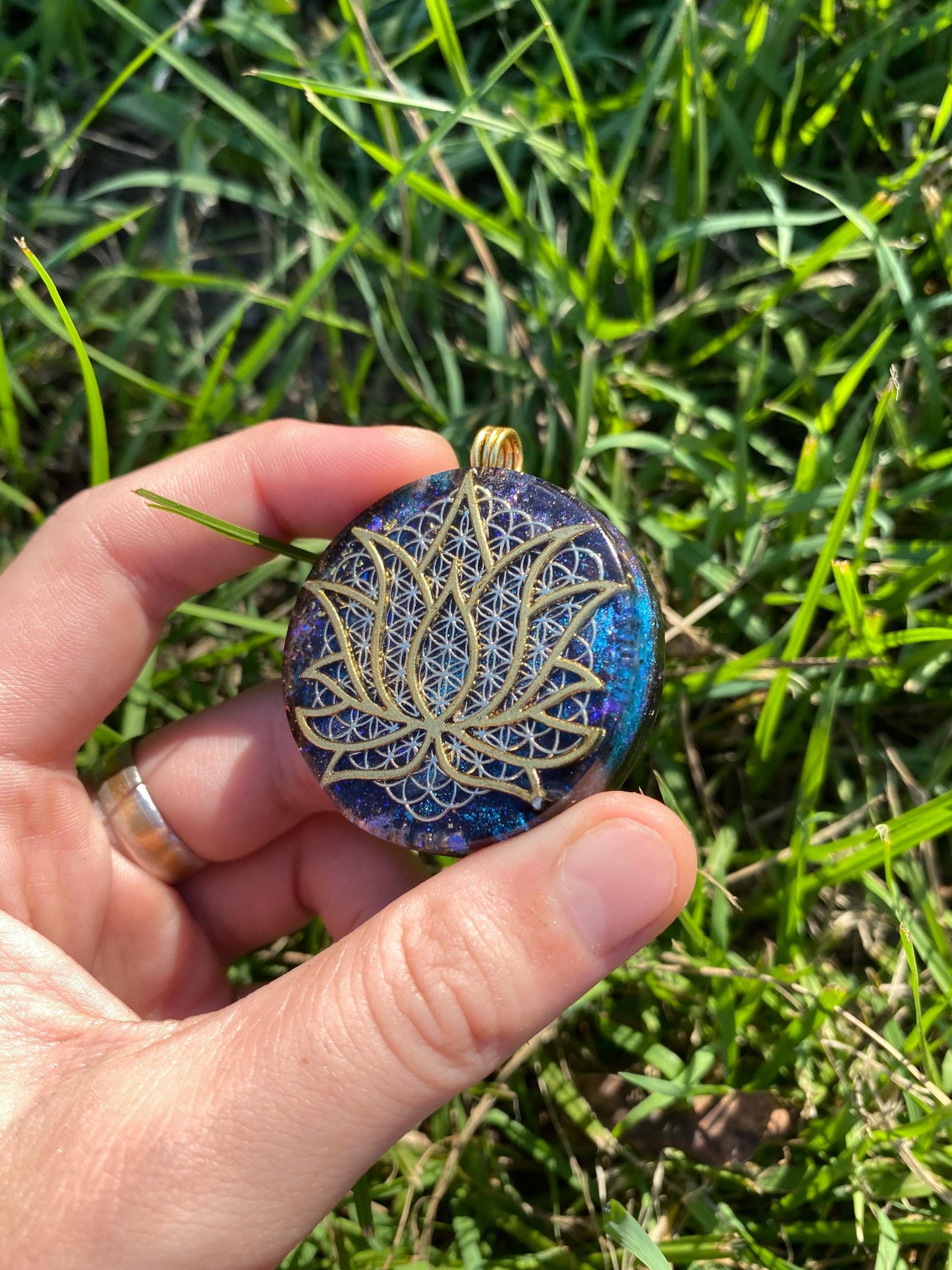 Lotus layered over Flower of Life. Orgone Pendant Necklace. Made w Elite Shungite, Purpurite & Tensor Ring. Powerful. 5G Protection.