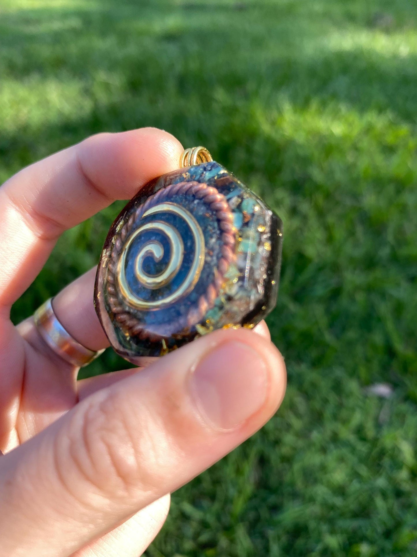 Spiral. Orgone Pendant Necklace. Made w Chrysoprase, 24ct Gold & Elite Shungite. Tensor Ring. Powerful. EMF Protection.