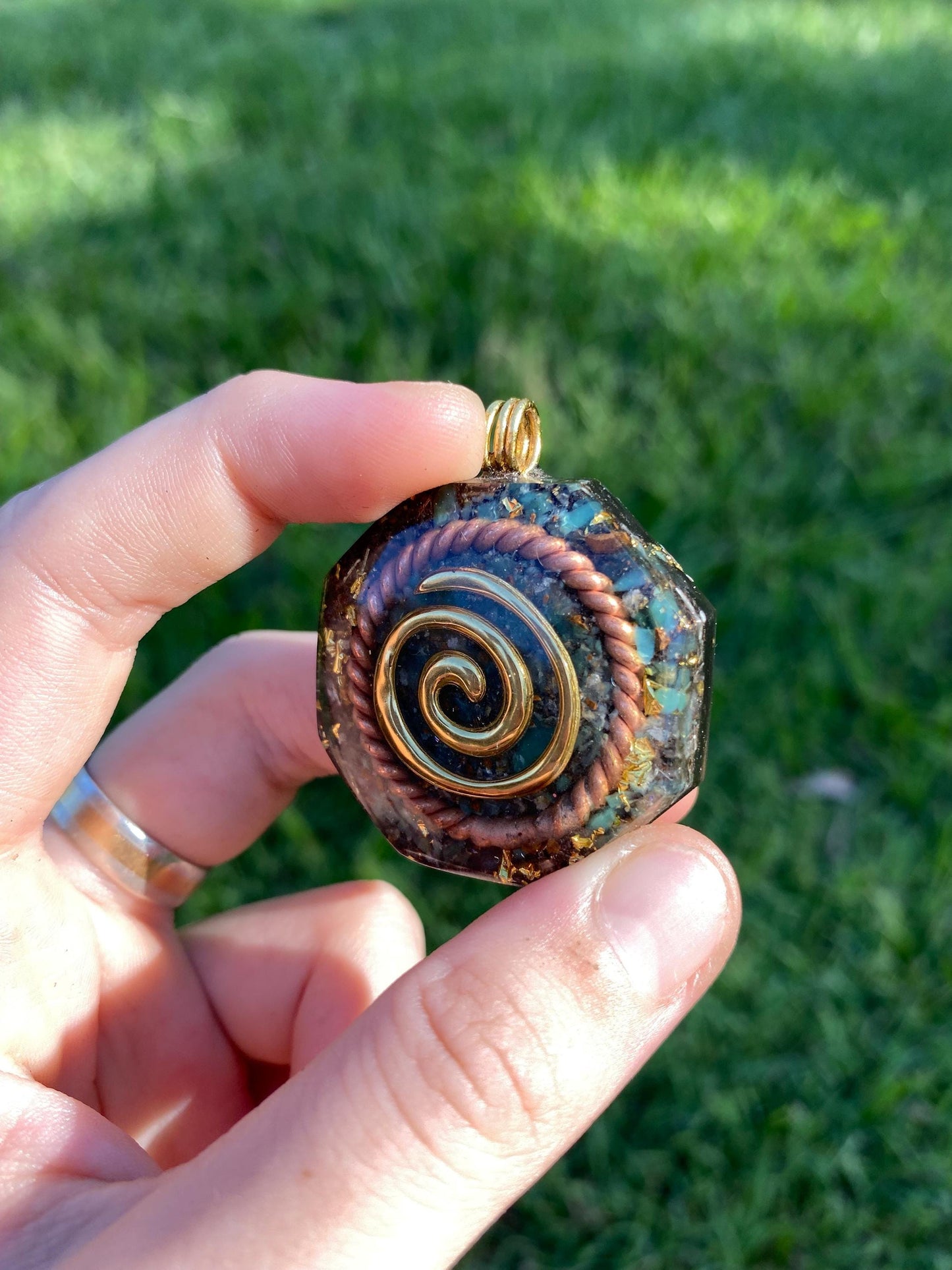 Spiral. Orgone Pendant Necklace. Made w Chrysoprase, 24ct Gold & Elite Shungite. Tensor Ring. Powerful. EMF Protection.