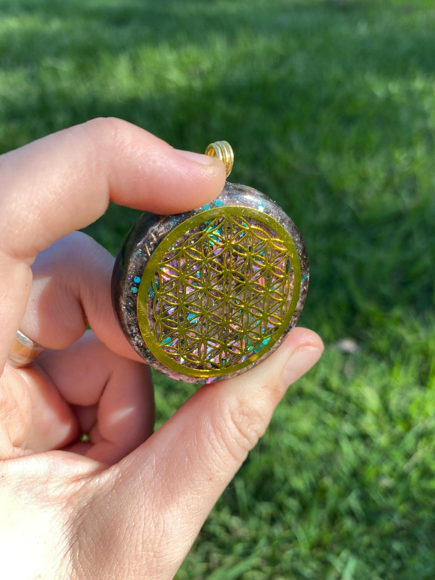 Flower of Life. Pendant Necklace. Made w rose quartz, Elite Shungite, & Tensor Ring. Powerful. Emf Protection.
