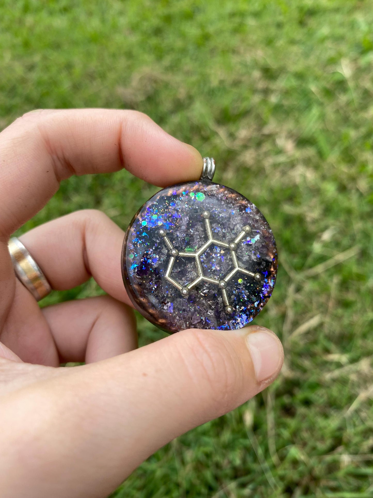 Caffeine Molecule Orgonite Pendant: Shungite, Amethyst, Tensor Ring EMF Protection