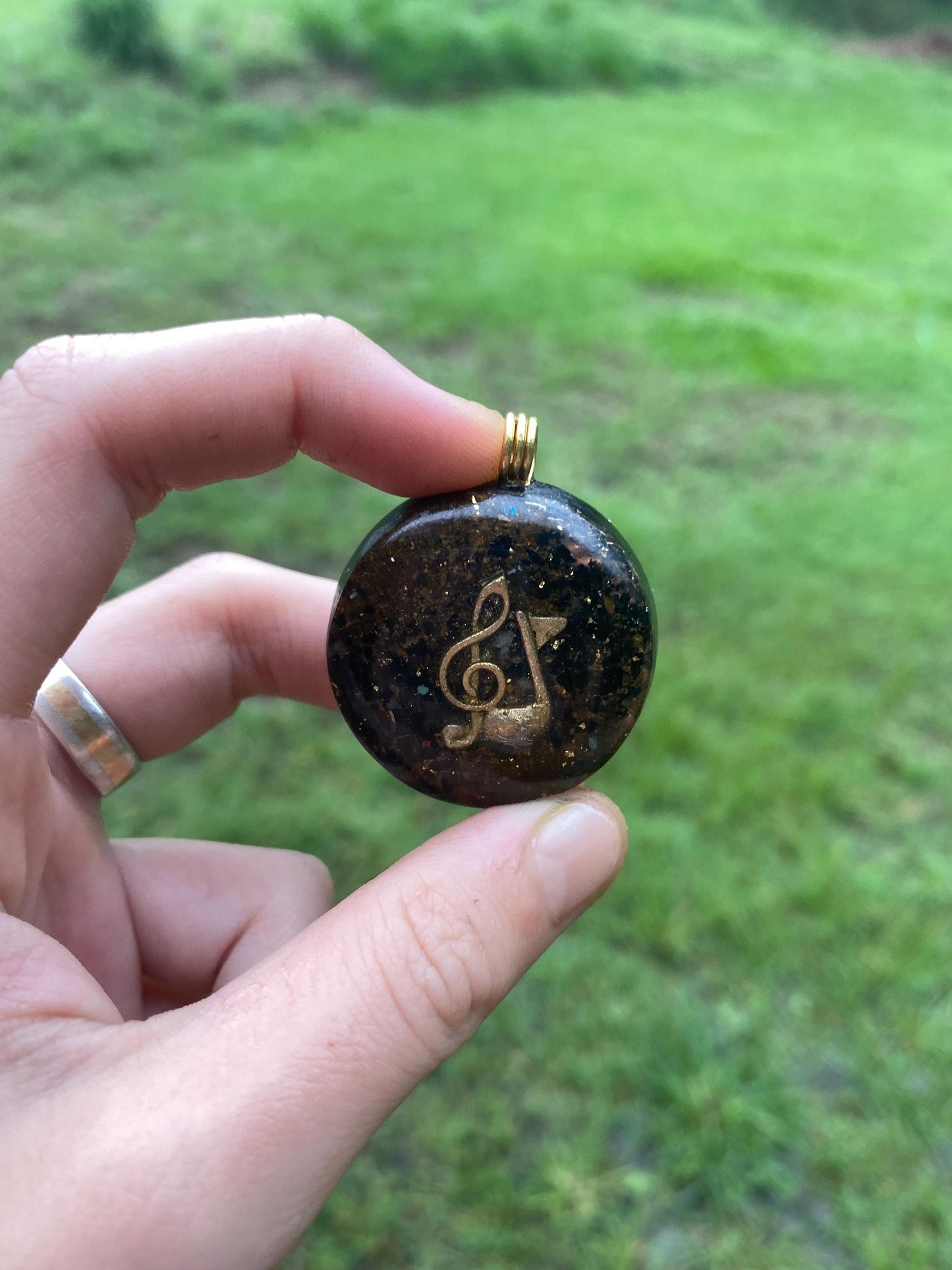 Treble Clef. Orgone Pendant Necklace. TENSOR RING. Elite Shungite. Bronzite. EMF, 5G Protection. 24ct gold
