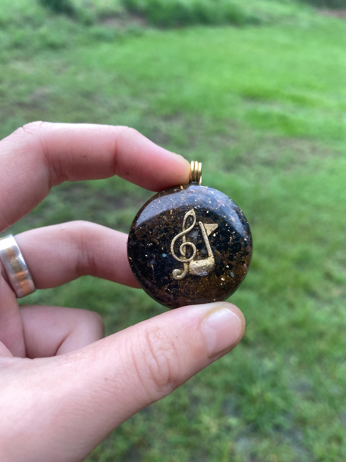 Treble Clef. Orgone Pendant Necklace. TENSOR RING. Elite Shungite. Bronzite. EMF, 5G Protection. 24ct gold