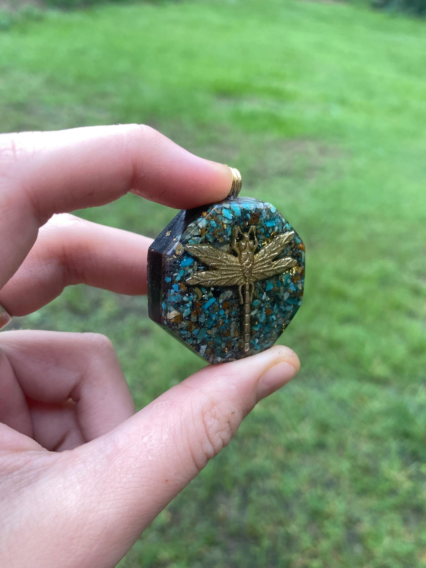 Dragonfly. Pendant Necklace. Made w Elite Shungite, 24ct Gold and Turquoise. Tensor Ring. Powerful. EMF Protection. 5G Protection.
