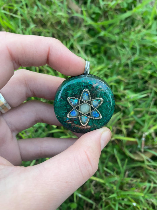 Carbon Atom, Orgone Pendant Necklace. Made w Elite Shungite and Malachite. Powerful. EMF Protection. 5G Protection. Glow in the dark!
