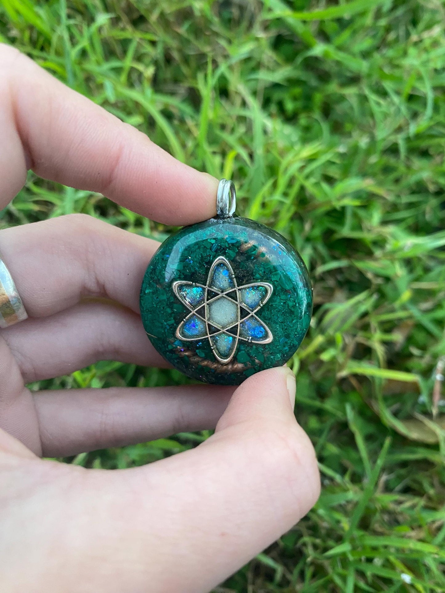 Carbon Atom, Orgone Pendant Necklace. Made w Elite Shungite and Malachite. Powerful. EMF Protection. 5G Protection. Glow in the dark!