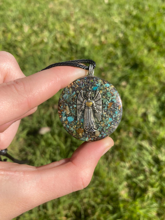 Arch Angel. Pendant Necklace. Made w Elite Shungite, 24ct Gold and Turquoise. Tensor Ring. Powerful. EMF Protection. 5G Protection.