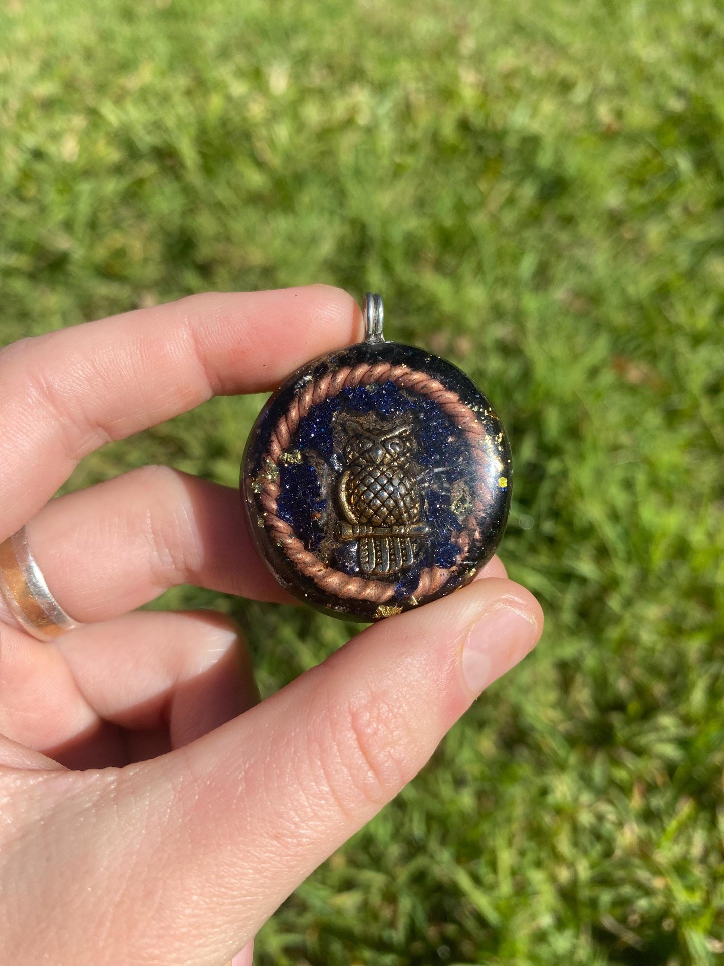 Owl. Orgone Pendant Necklace. Made w Elite Shungite, Selenite & Blue Goldstone. Powerful. EMF Protection. 5G Protection. TENSOR RING