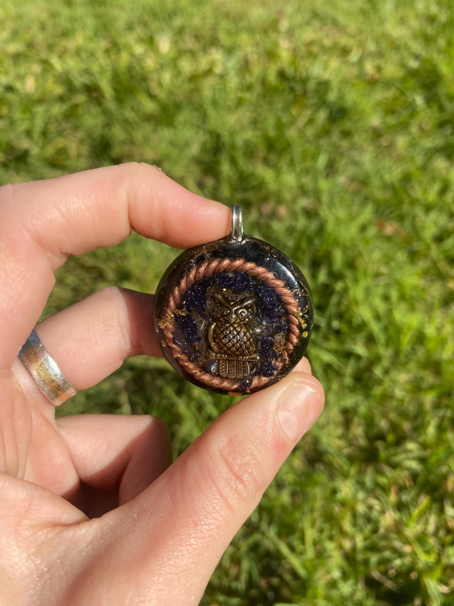 Owl. Orgone Pendant Necklace. Made w Elite Shungite, Selenite & Blue Goldstone. Powerful. EMF Protection. 5G Protection. TENSOR RING