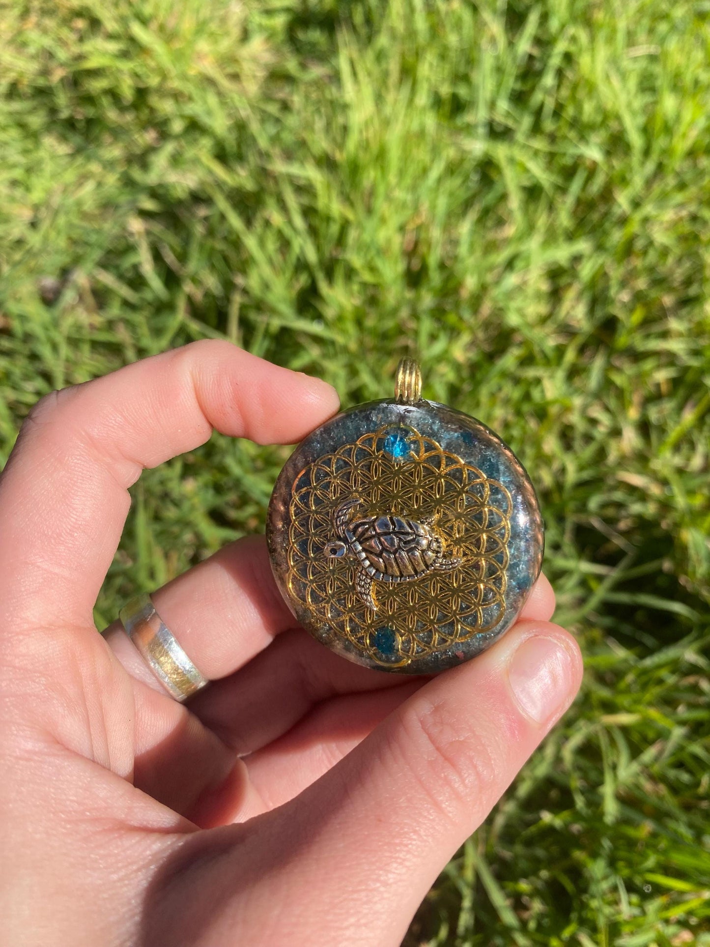 Turtle/Flower Of Life. Orgone Pendant Necklace. Made w Blue Apatite, & Elite Shungite. Tensor Ring. Powerful. EMF Protection.