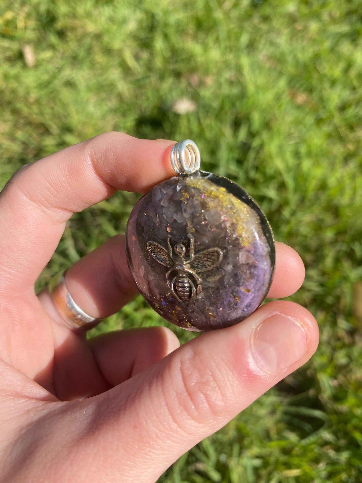 Bee Orgonite Pendant Necklace, Shungite Gold Rose Quartz, EMF Protection