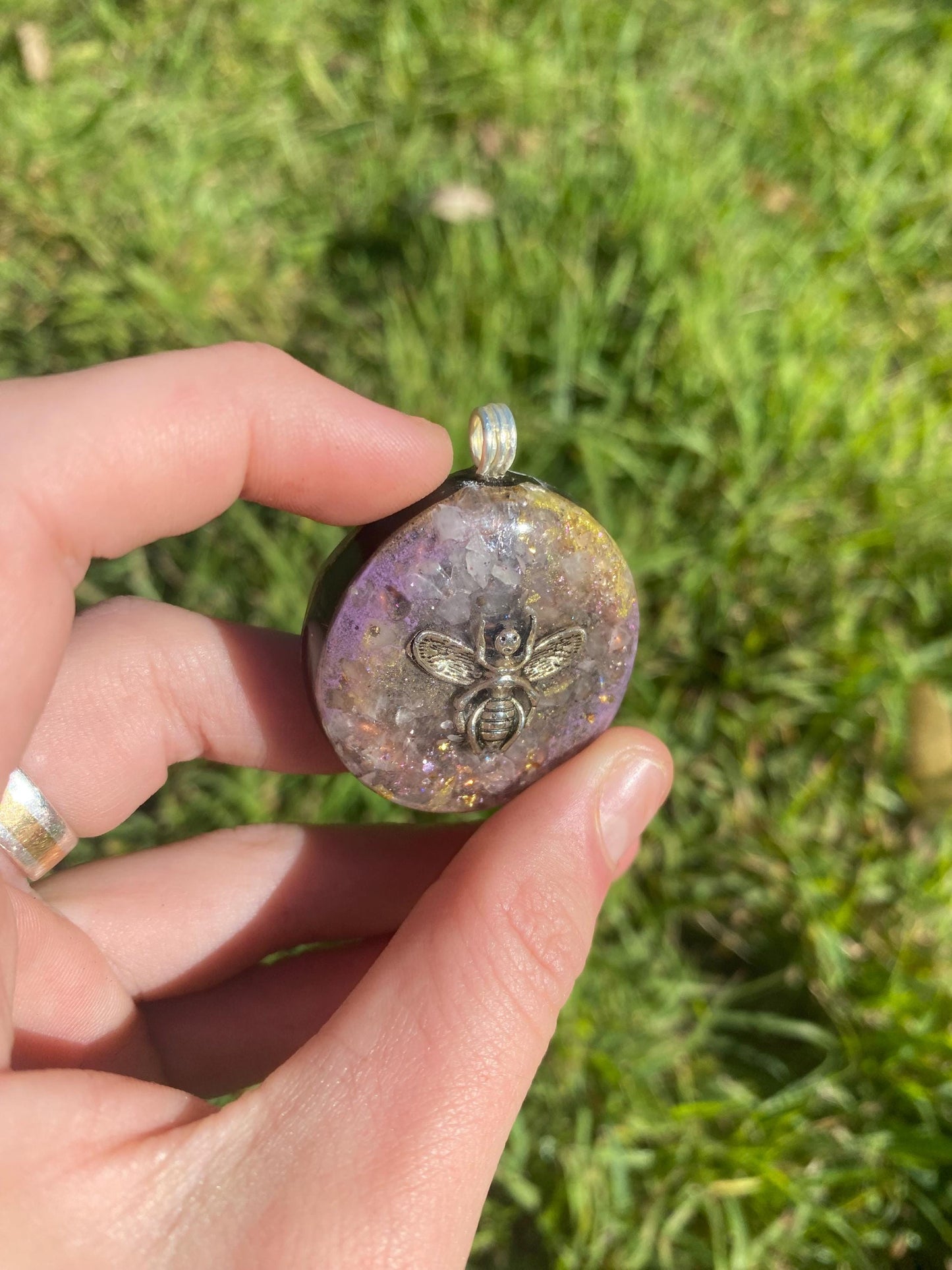 Bee Orgonite Pendant Necklace, Shungite Gold Rose Quartz, EMF Protection