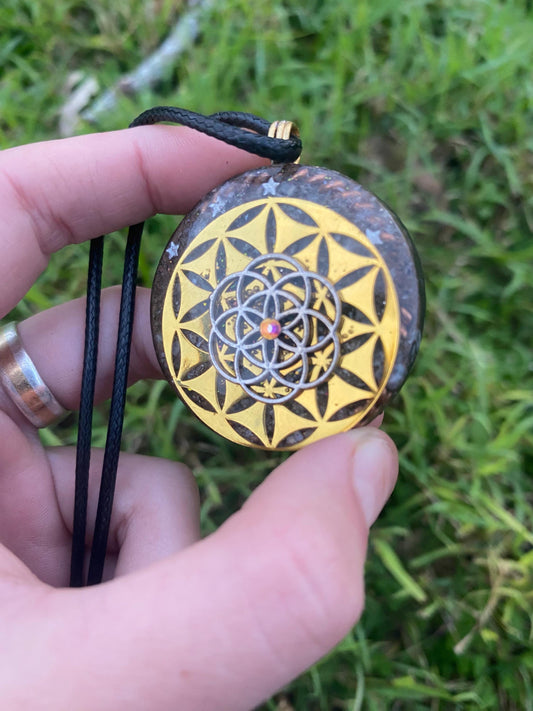 Seed Of Life. Orgone Pendant Necklace. Made w Rainbow Moonstone, Elite Shungite, & Tensor Ring. Powerful. 5G Protection.