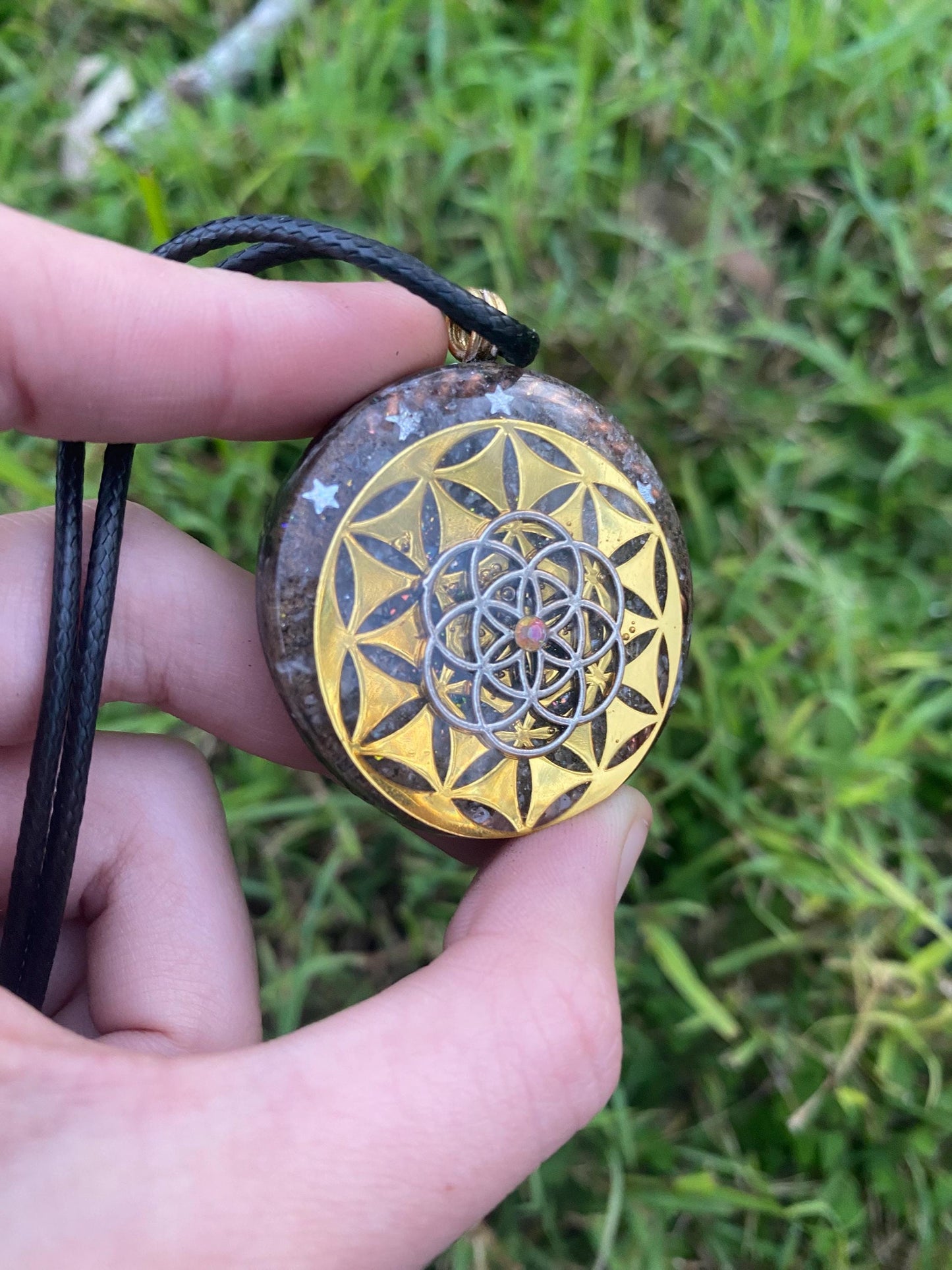 Seed Of Life. Orgone Pendant Necklace. Made w Rainbow Moonstone, Elite Shungite, & Tensor Ring. Powerful. 5G Protection.