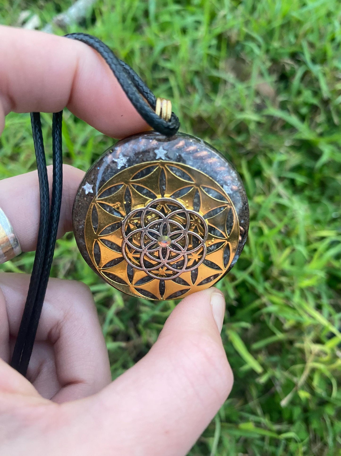 Seed Of Life. Orgone Pendant Necklace. Made w Rainbow Moonstone, Elite Shungite, & Tensor Ring. Powerful. 5G Protection.