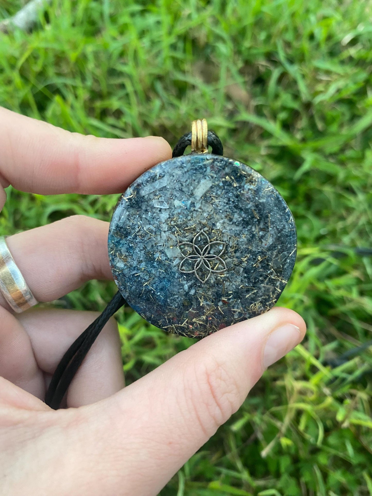 Seed Of Life. Orgone Pendant Necklace. Made w Rainbow Moonstone, Elite Shungite, & Tensor Ring. Powerful. 5G Protection.