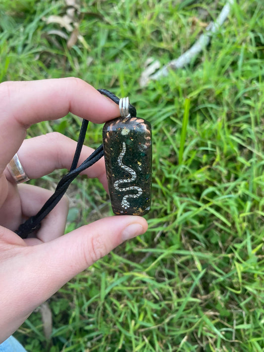 Snake. Orgone Pendant Necklace. Made w Elite Shungite, Fuchsite, 24ct Gold & Tensor Ring. Powerful. 5G Protection.