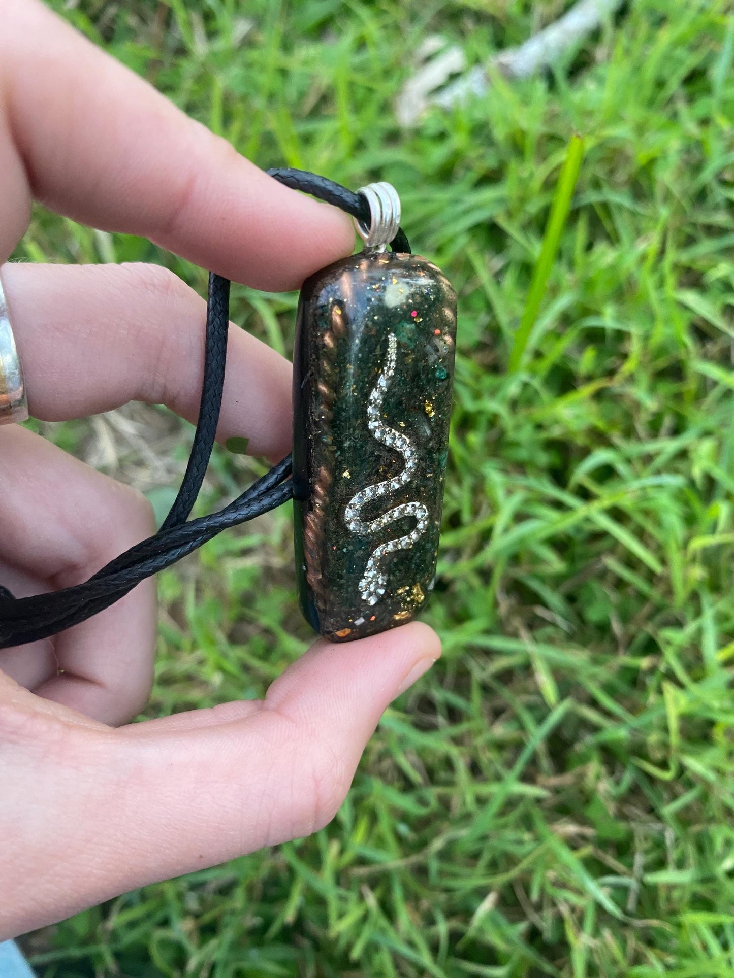 Snake. Orgone Pendant Necklace. Made w Elite Shungite, Fuchsite, 24ct Gold & Tensor Ring. Powerful. 5G Protection.