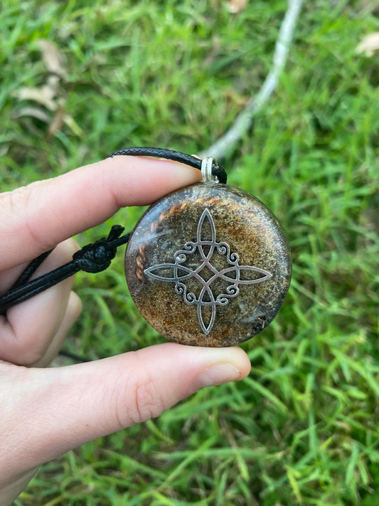 Celtic Knot. Orgone Pendant Necklace. Amber. EMF Protection. 5G Protection. Tensor Ring. Elite Shungite.